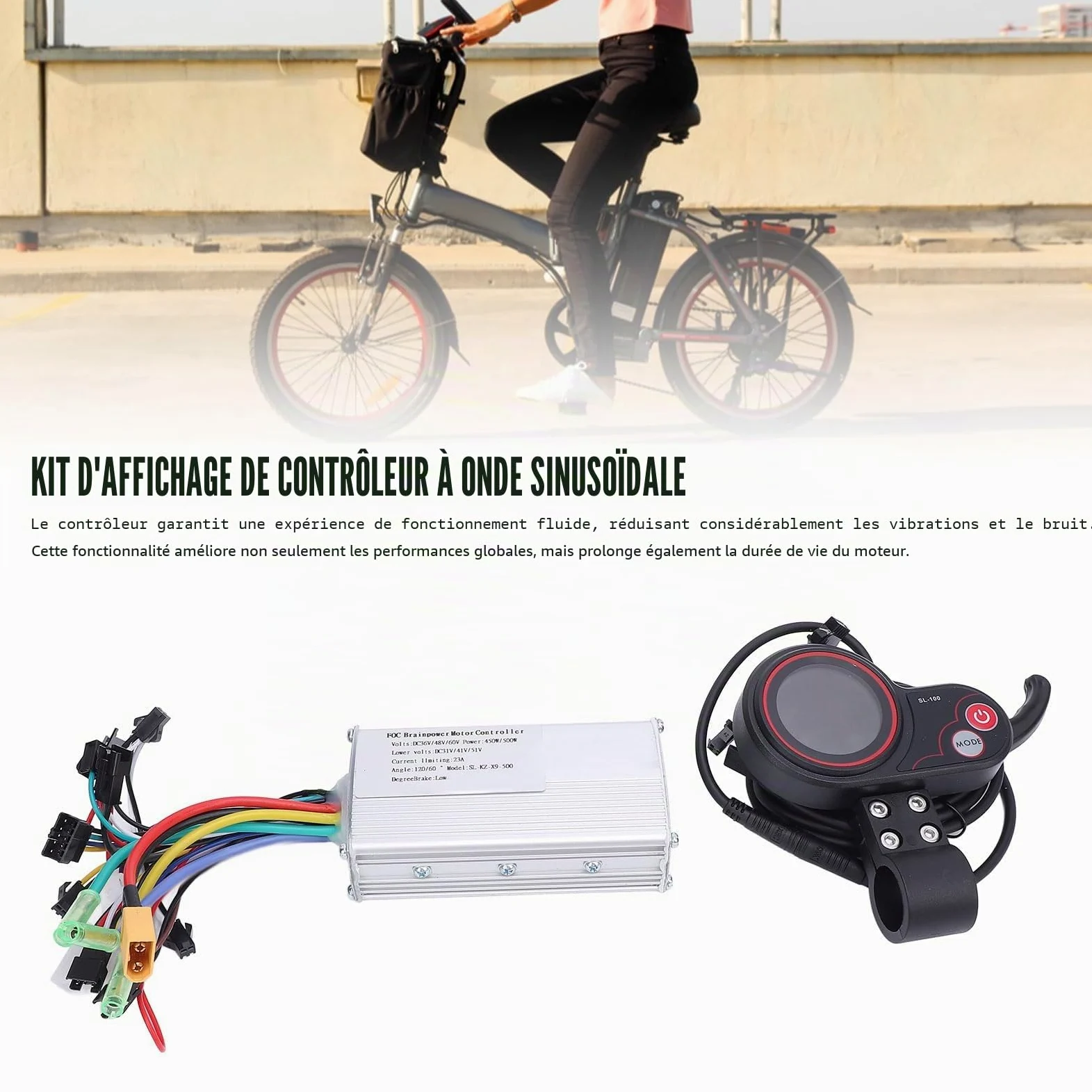 Kit de Contrôleur de Moteur sans Balai, 36V 48V 60V 450W 500W Contrôleur d'onde Sinusoïdale avec Écran d'Affichage Couleur LCD SL100 pour Vélo Électrique Scooter Électrique