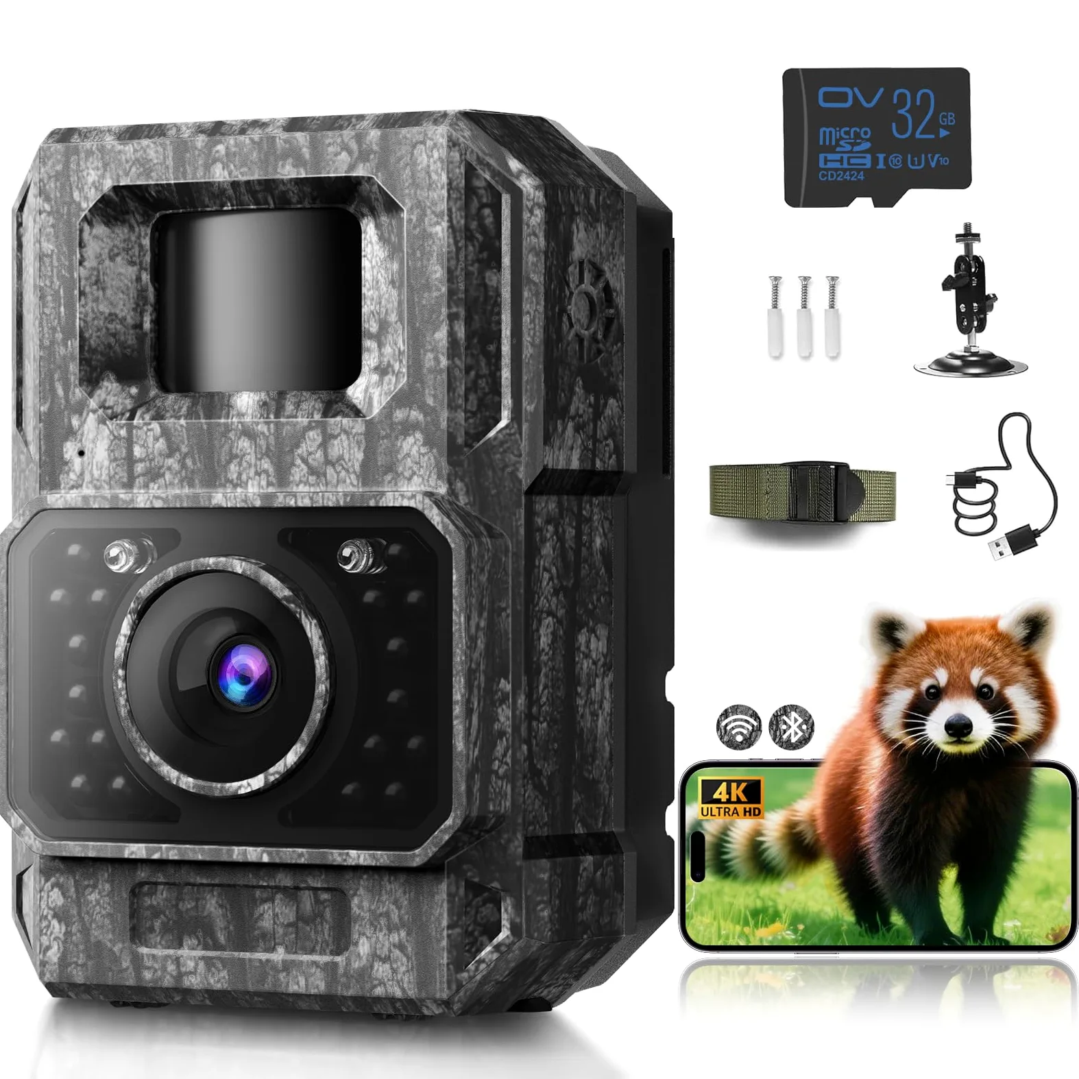 MAXDONE Caméra de chasse avec application de transfert de téléphone portable, caméra d'animaux sauvages 4K 64MP HD avec Wi-Fi, Bluetooth, détecteur de mouvement, vision nocturne, caméra sauvage avec