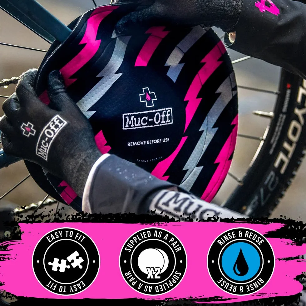 Muc-Off 8 Ensemble de nettoyage pour vélo 8 en 1 & Housses Frein à Disque Motifs Éclairs, Lot de 2 - Protège des Projections et des Dégâts en Déplacement Noir/Rose