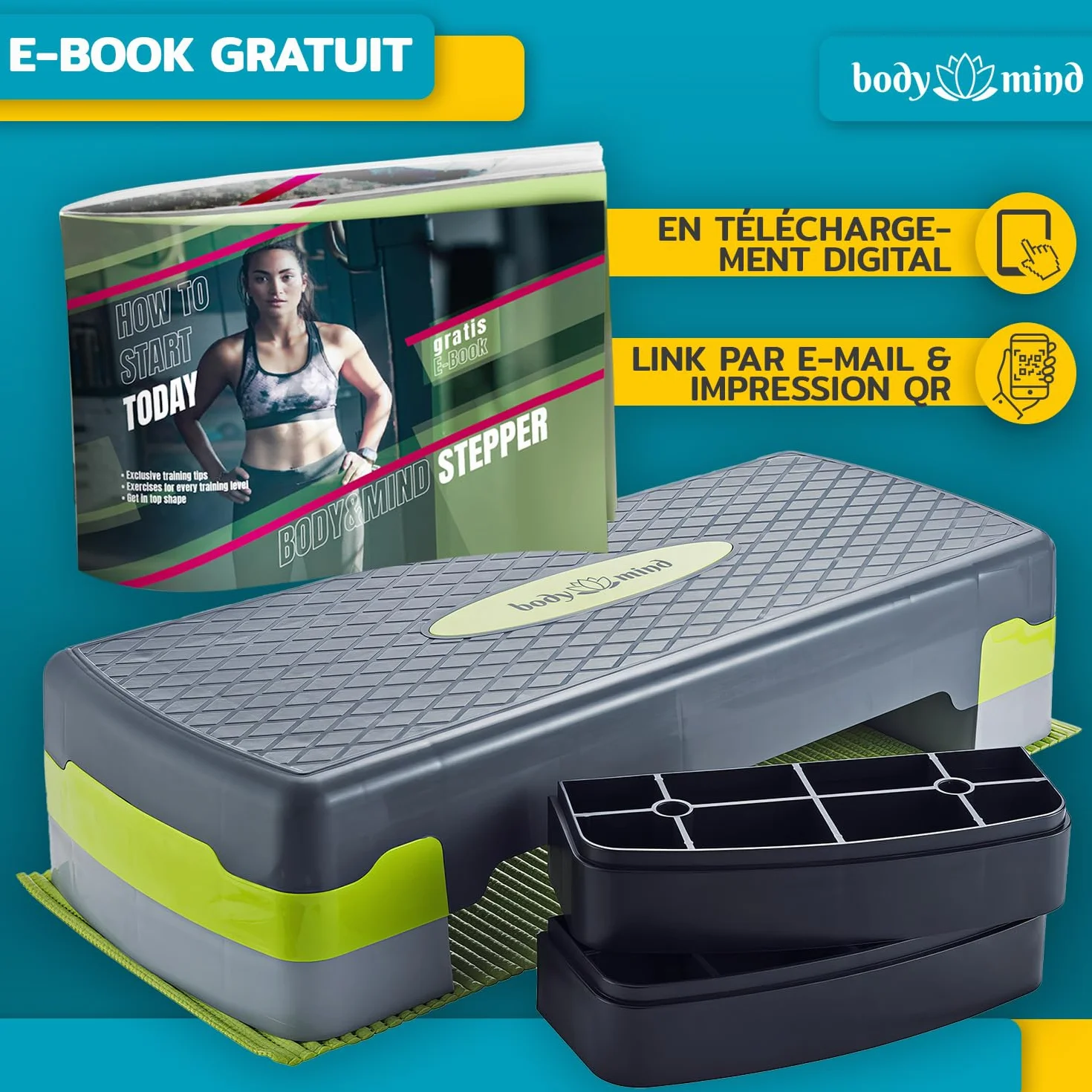 Body & Mind Stepboard aérobic Deluxe 2-étapes Stepper Step-Bench avec tapis antidérapant