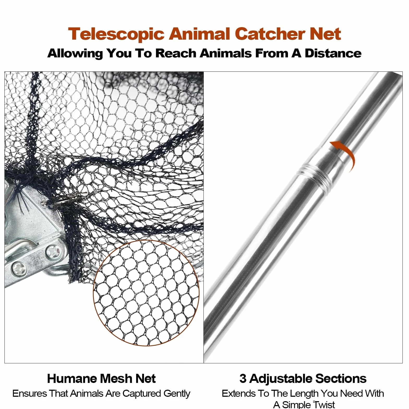 Filet de capture de poulet, filet animal avec poteau extensible en acier inoxydable de 117 cm, filet à poulet pour poulets, canards, oiseaux, chats, chiens, résille, attrape-poulet pour
