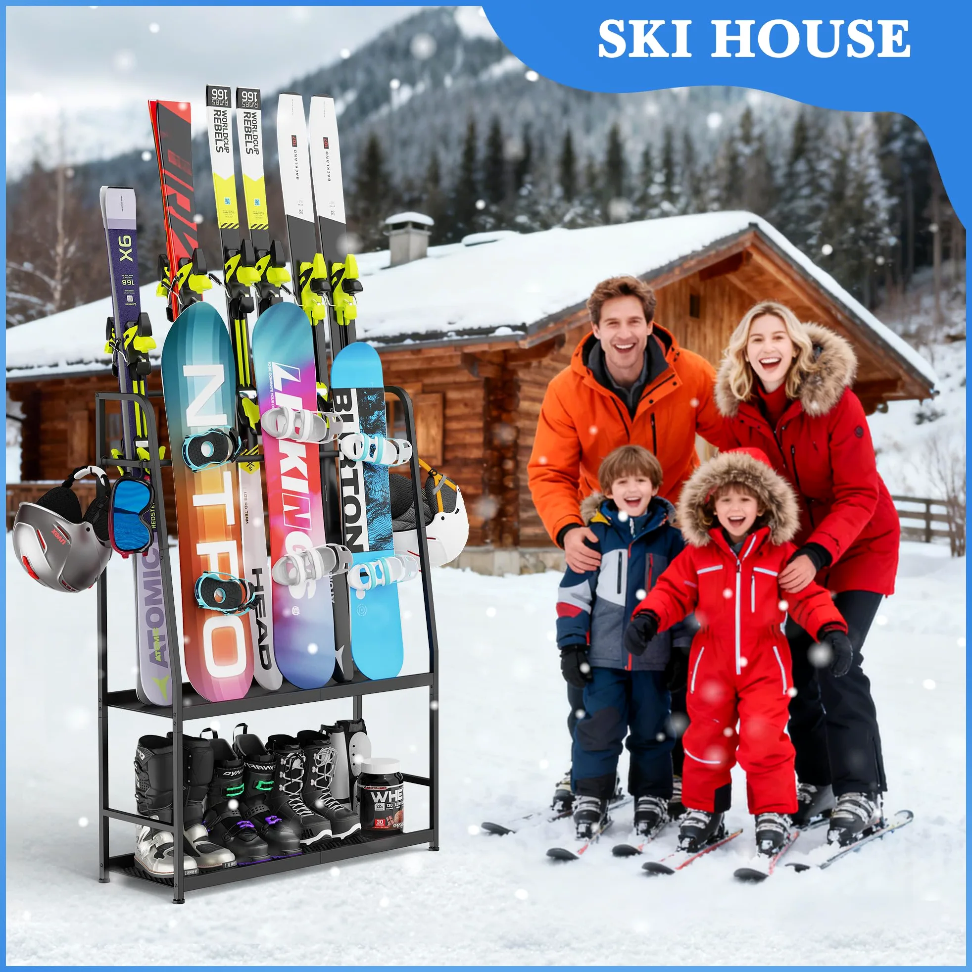 Support de ski pour le garage, étagère de rangement pour skis, snowboard, chaussures de ski, bâtons de ski, lunettes de ski et casques, organiseur de ski pour le garage ou la cave