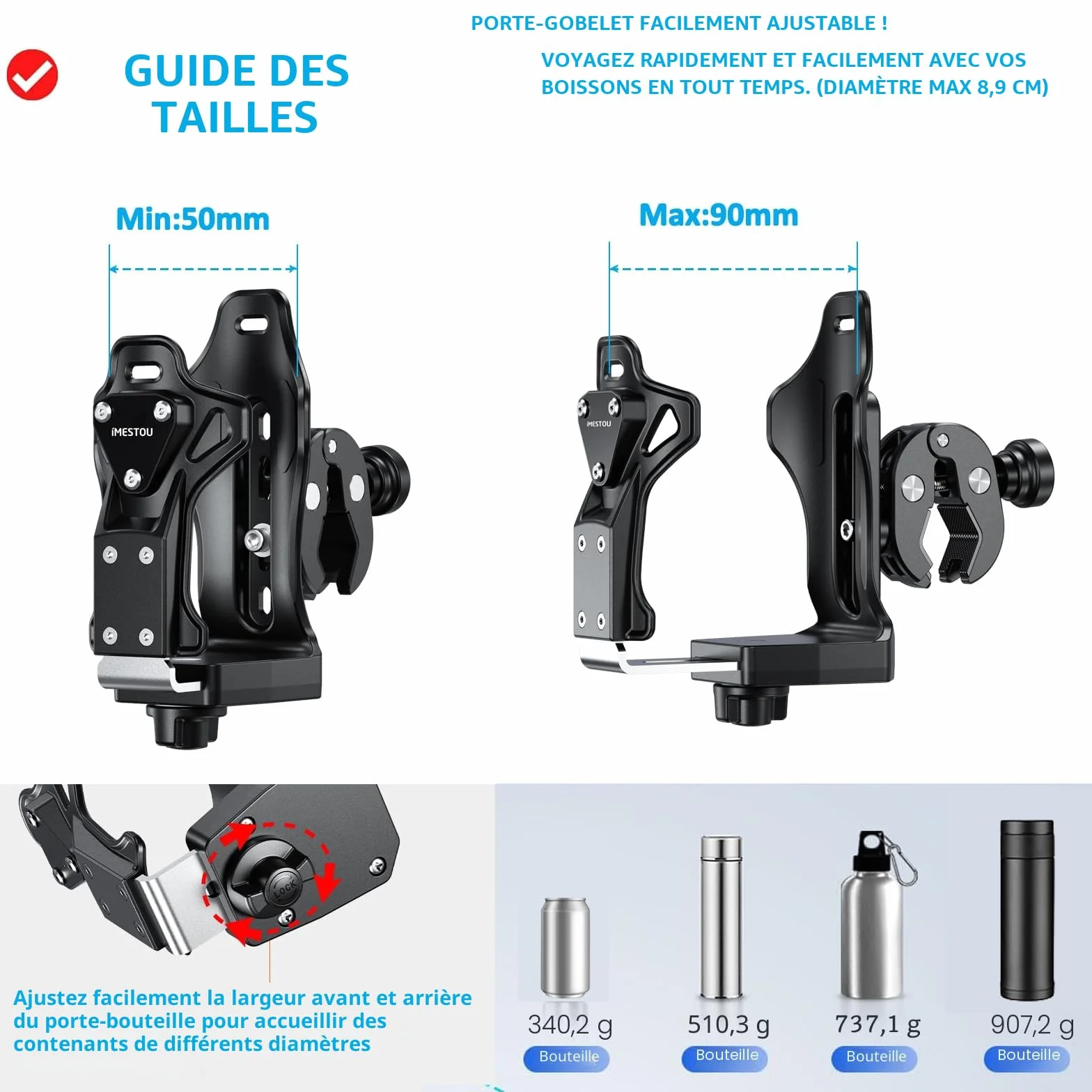 iMESTOU Porte-gobelet Antivol pour Moto ATV, Porte-Bouteille d'eau 50-90 mm, Pince Métallique 12,7-33 mm pour Vélo Scooter