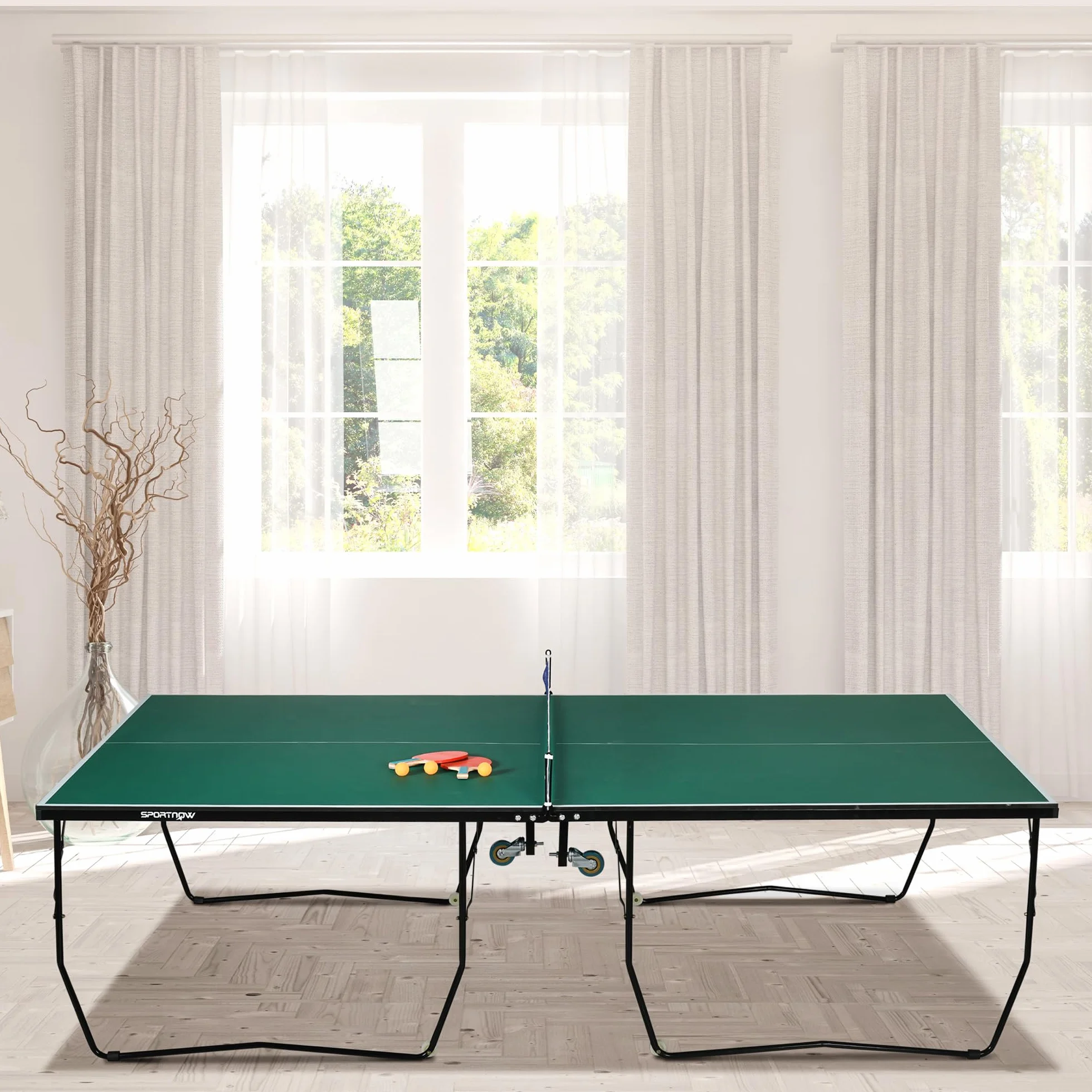 Table de ping-pong SPORTNOW pliante avec filet, roulettes, raquettes et balles, acier, vert 274x152x76 cm