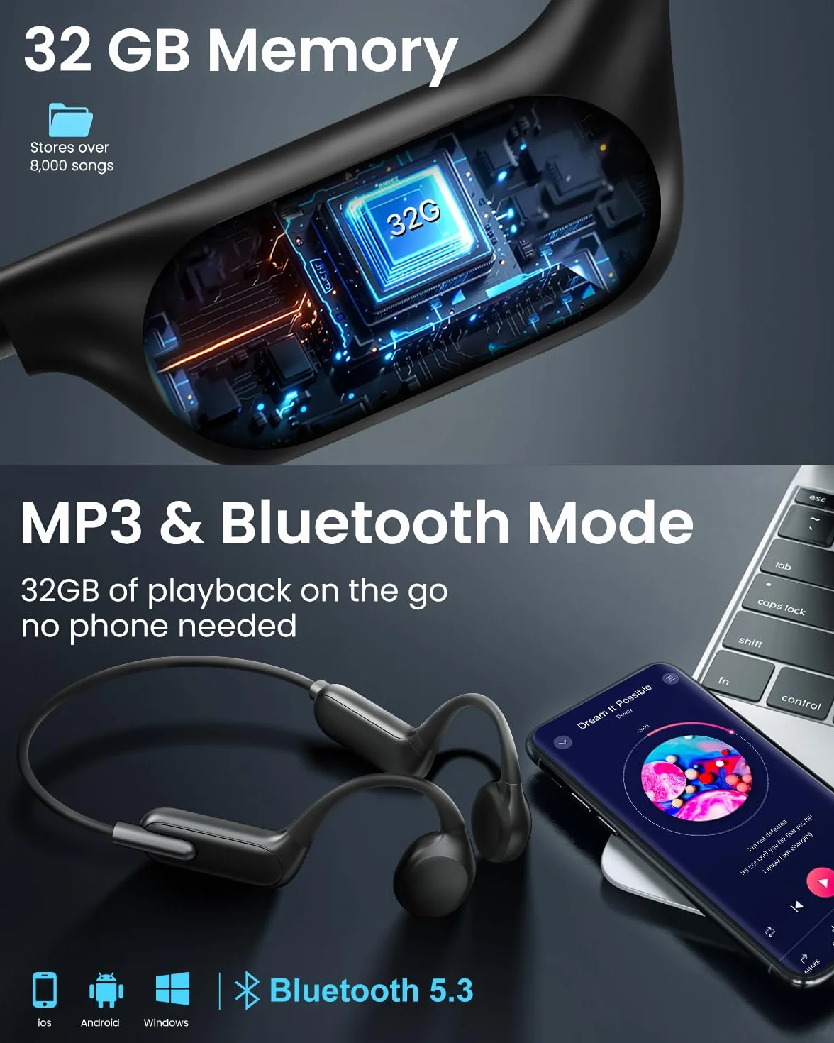 HIFI WALKER Casque Conduction Osseuse Bluetooth sans Fil IPX8 Lecteur MP3 32Go Etanche Natation