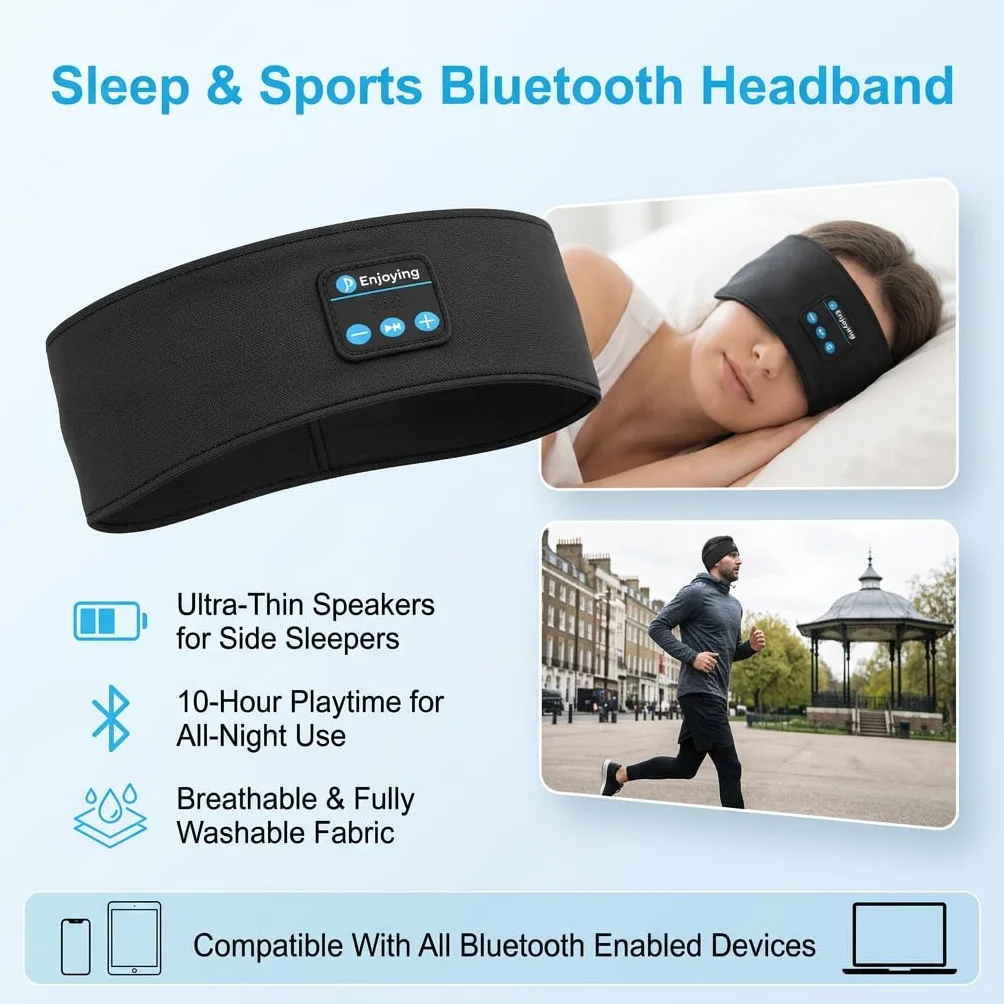 Casque de Sommeil Bandeau Bluetooth 5.4, Écouteurs Ultra-Fins HD Rechargeables USB, Anti Bruit Stéréo pour Sport Running Yoga Voyage(Noir)