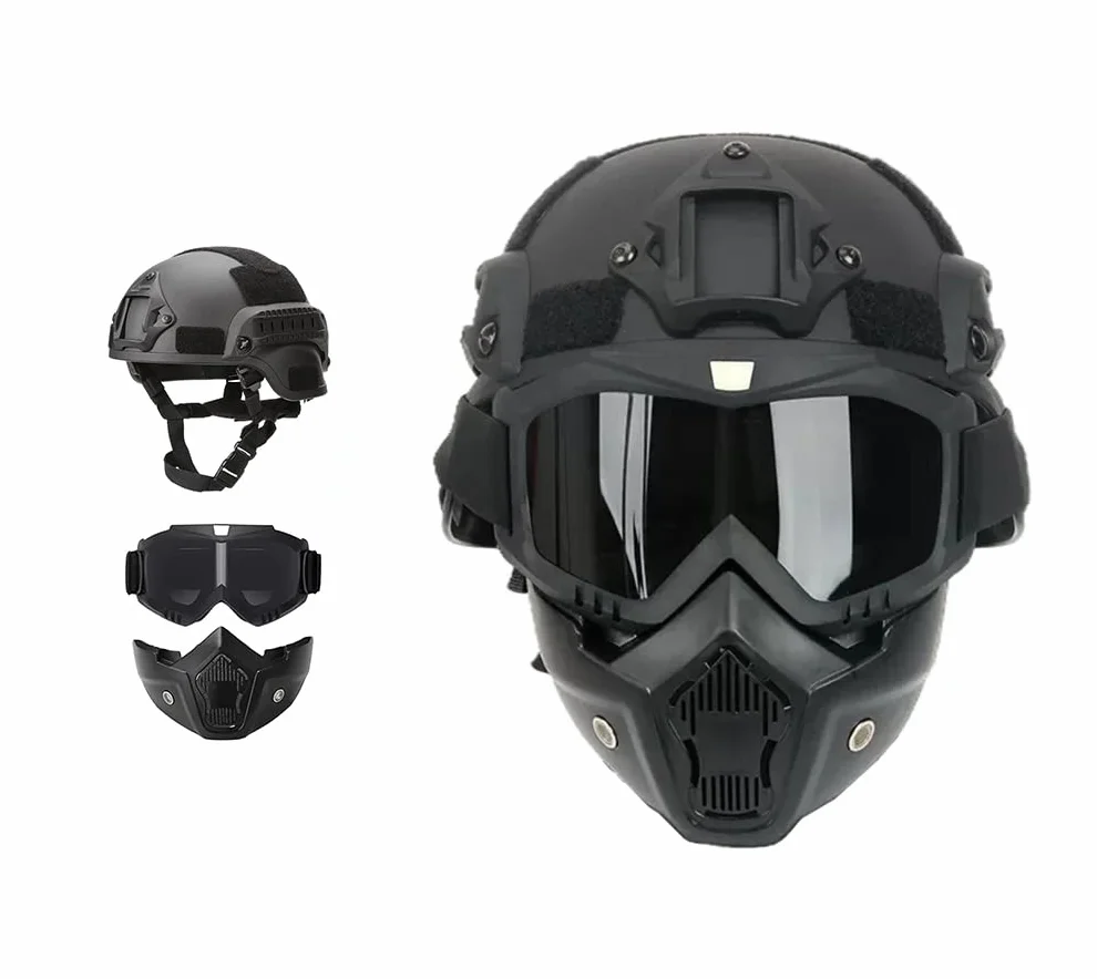 Casque Tactique Mich avec Masque Facial détachable et Lunettes de Protection pour Airsoft, Paintball, Chasse