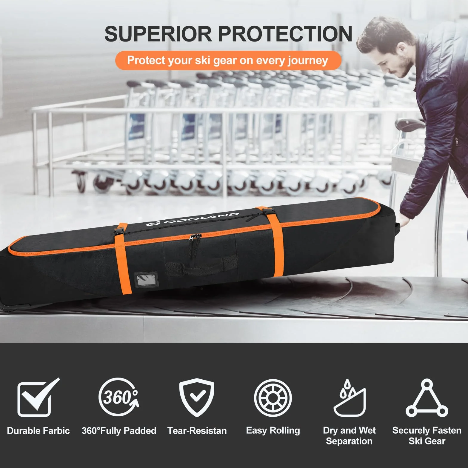 Odoland Housse à Skis Roulant 170/190 cm Sac à roulettes pour Snowboard Tissu Oxford 900D Imperméable