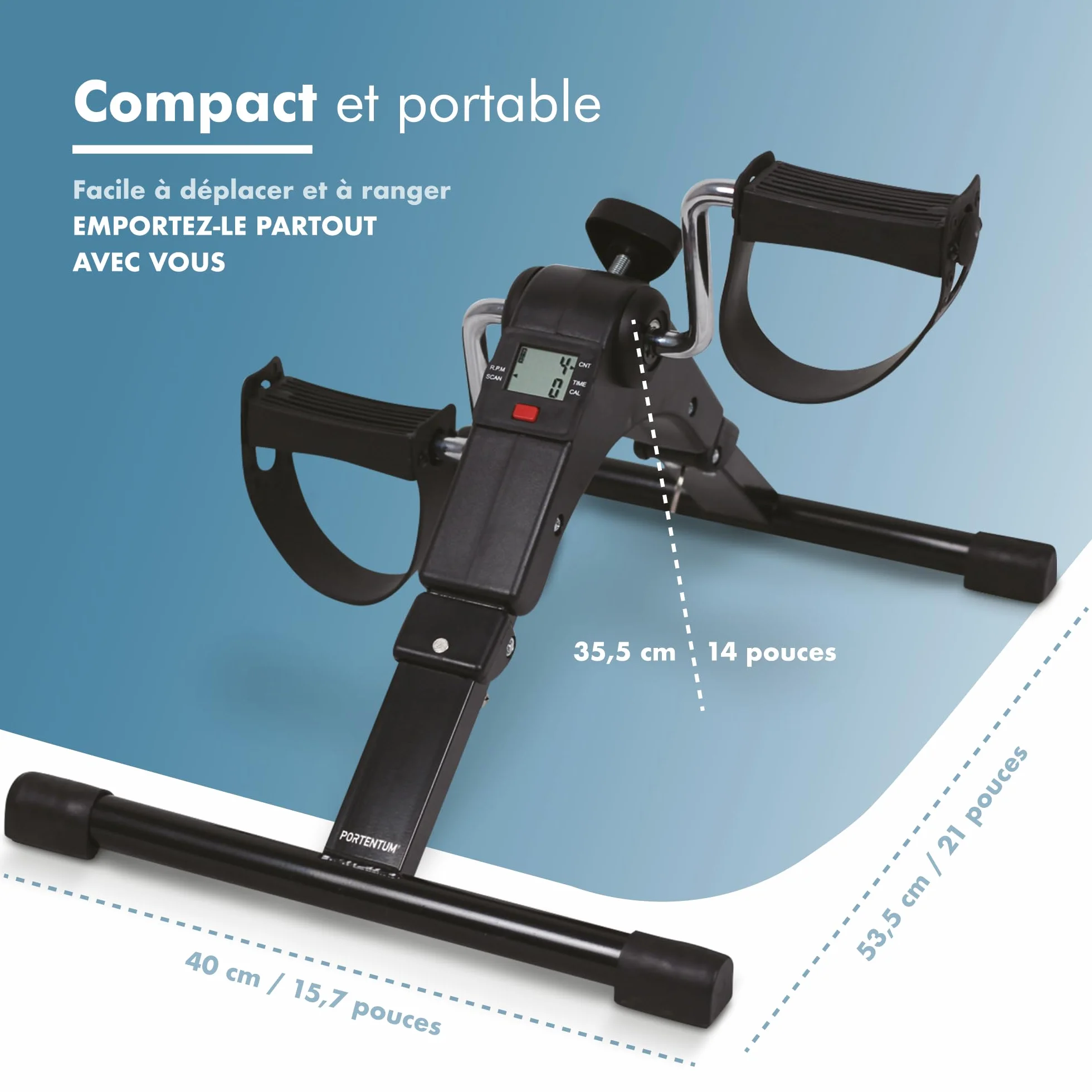 PORTENTUM Pedalier d’Appartement Senior Pliable Écran LCD 5 Fonctions Mini Velo Bras et Jambes Compact Résistance Réglable Design Portable