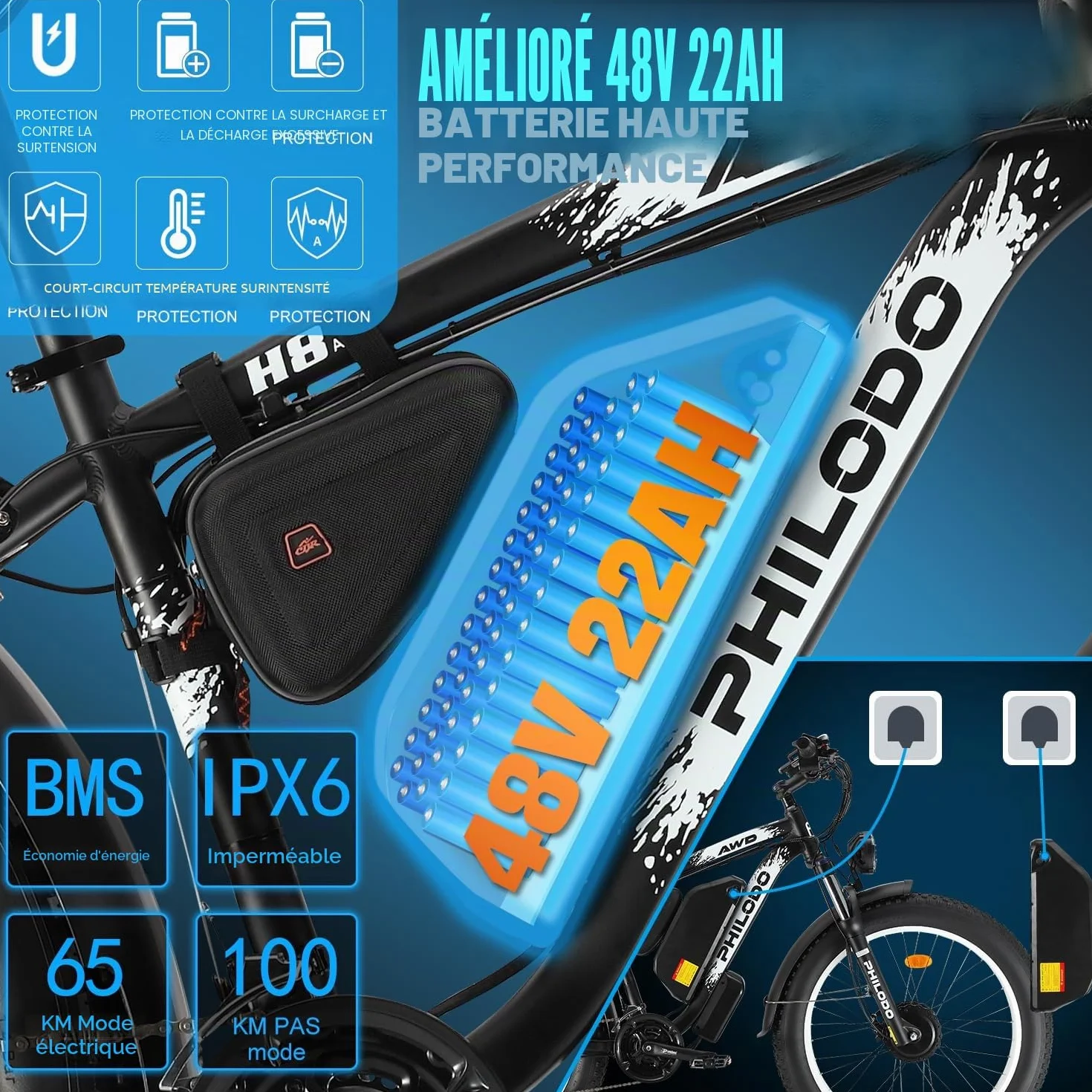 Vélo électrique pour Adultes 26x4 pouces Fat Tire 48V 17.5Ah Batterie Amovible 21 Vitesses Suspension Avant Frein à Disque Hydraulique