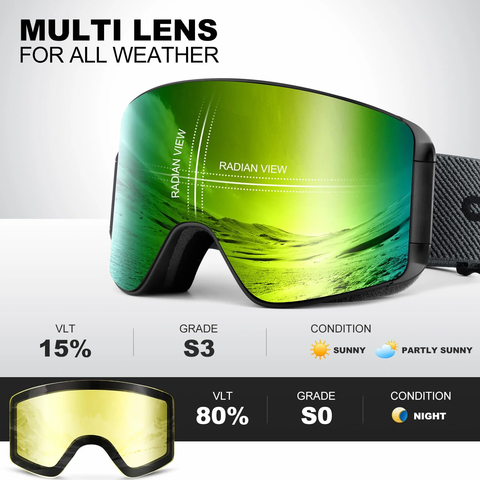 Odoland Magnetique Lunettes de Ski Cylindrique Lentille Détachable Masque Snowboard Anti-UV400 Anti-Buée Coupe-Vent