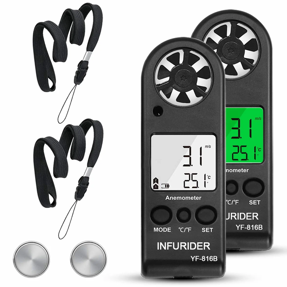 Anémomètre Numérique Portable INFURIDER YF-816B Compteur Vitesse LCD Rétroéclairé Température MAX/AVG 2 Pack
