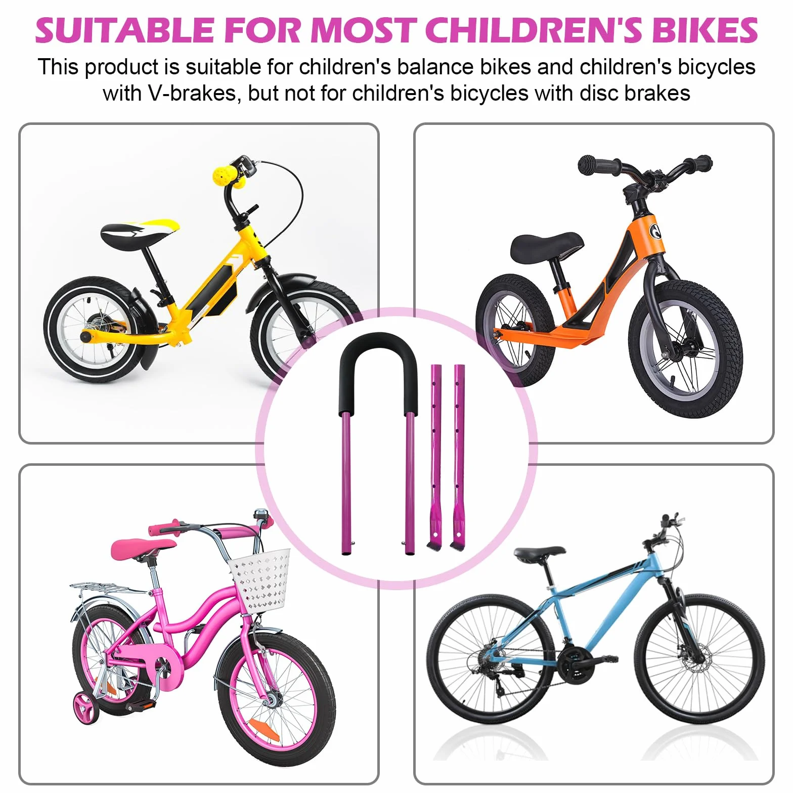 PORFOYO Barre de Poussée pour Vélo Enfant, Poignée d'Apprentissage, Accessoire Cyclisme Sécurité (Rose)