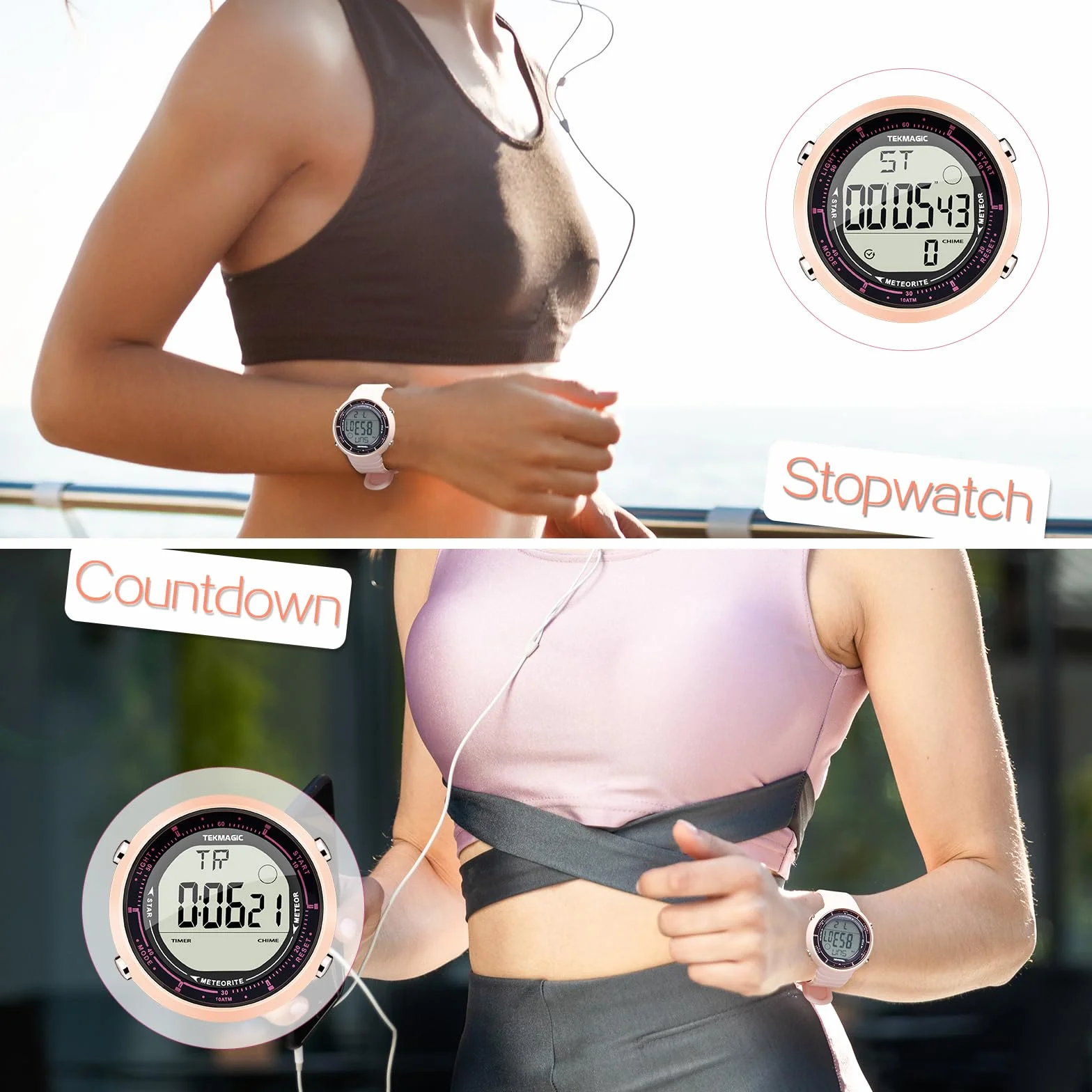 Montre Sport Femme 10 ATM Etanche Réveil Chronomètre Compte à Rebours Double Fuseau Horaire Bande Silicone