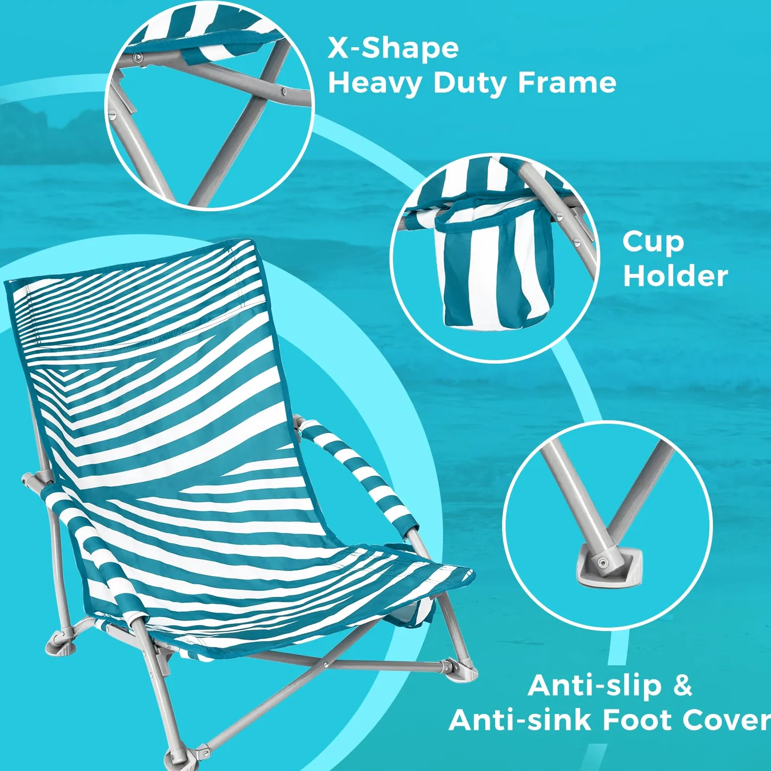 #WEJOY Chaises de Plage Basses pour Adultes - Chaise de Plage légère avec Porte-gobelet - Chaise de Plage Portable Robuste avec Sac de Transport pour extérieur, pelouse, Camping, Voyage, Pique-Nique,