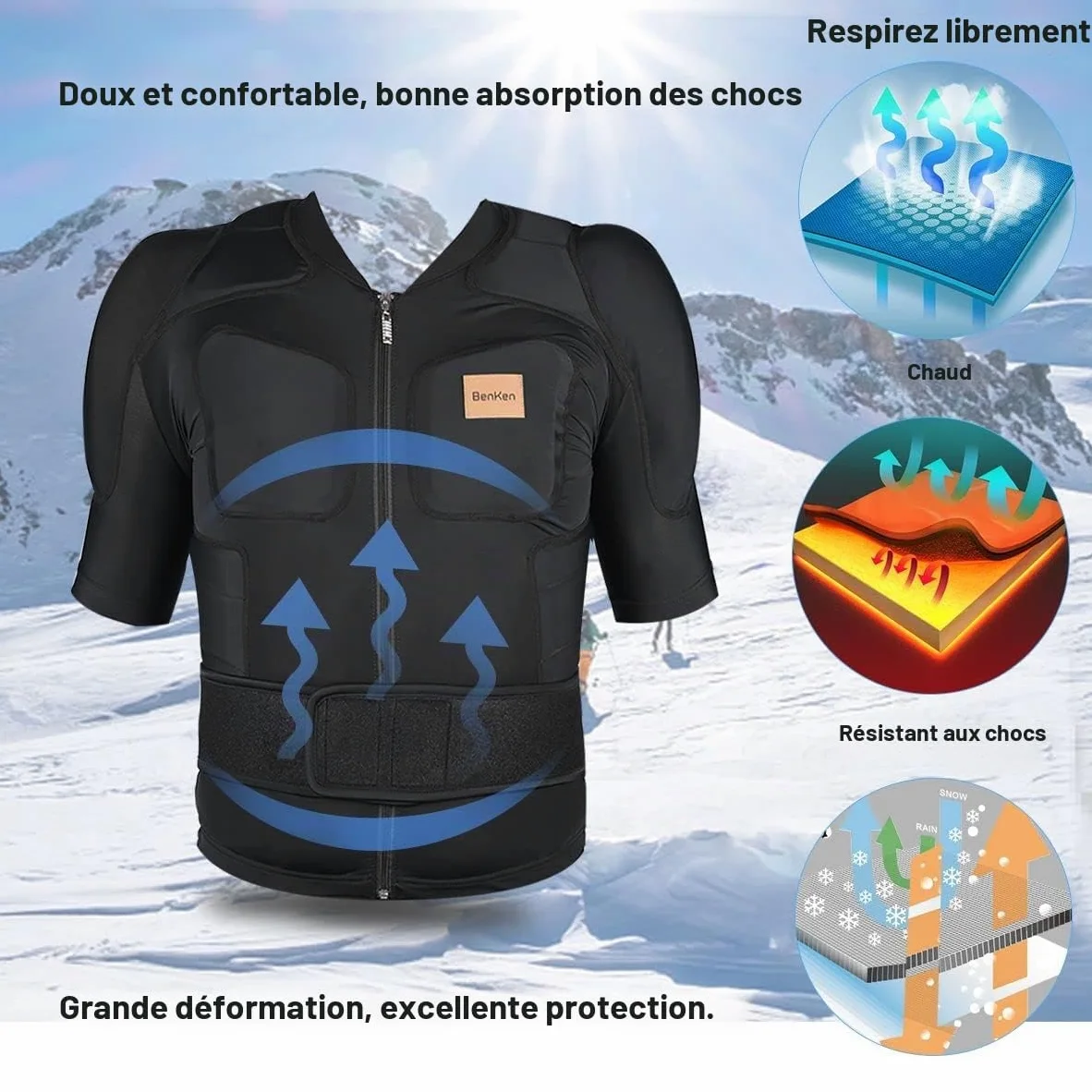 BenKen Équipement de protection ultra léger pour le ski, la colonne vertébrale et le dos, vêtements anti-collision pour snowboard, patinage, ski, équitation, moto, motocross Taille M