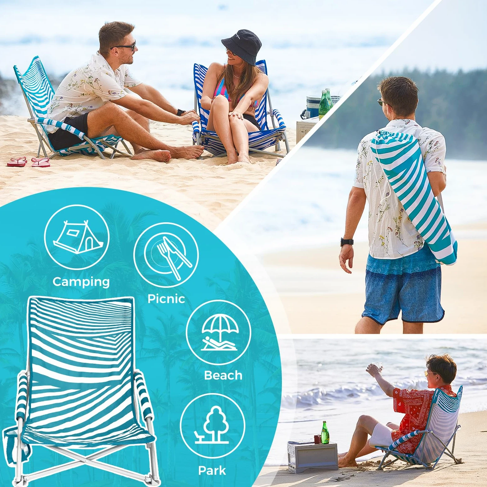 #WEJOY Chaises de Plage Basses pour Adultes - Chaise de Plage légère avec Porte-gobelet - Chaise de Plage Portable Robuste avec Sac de Transport pour extérieur, pelouse, Camping, Voyage, Pique-Nique,