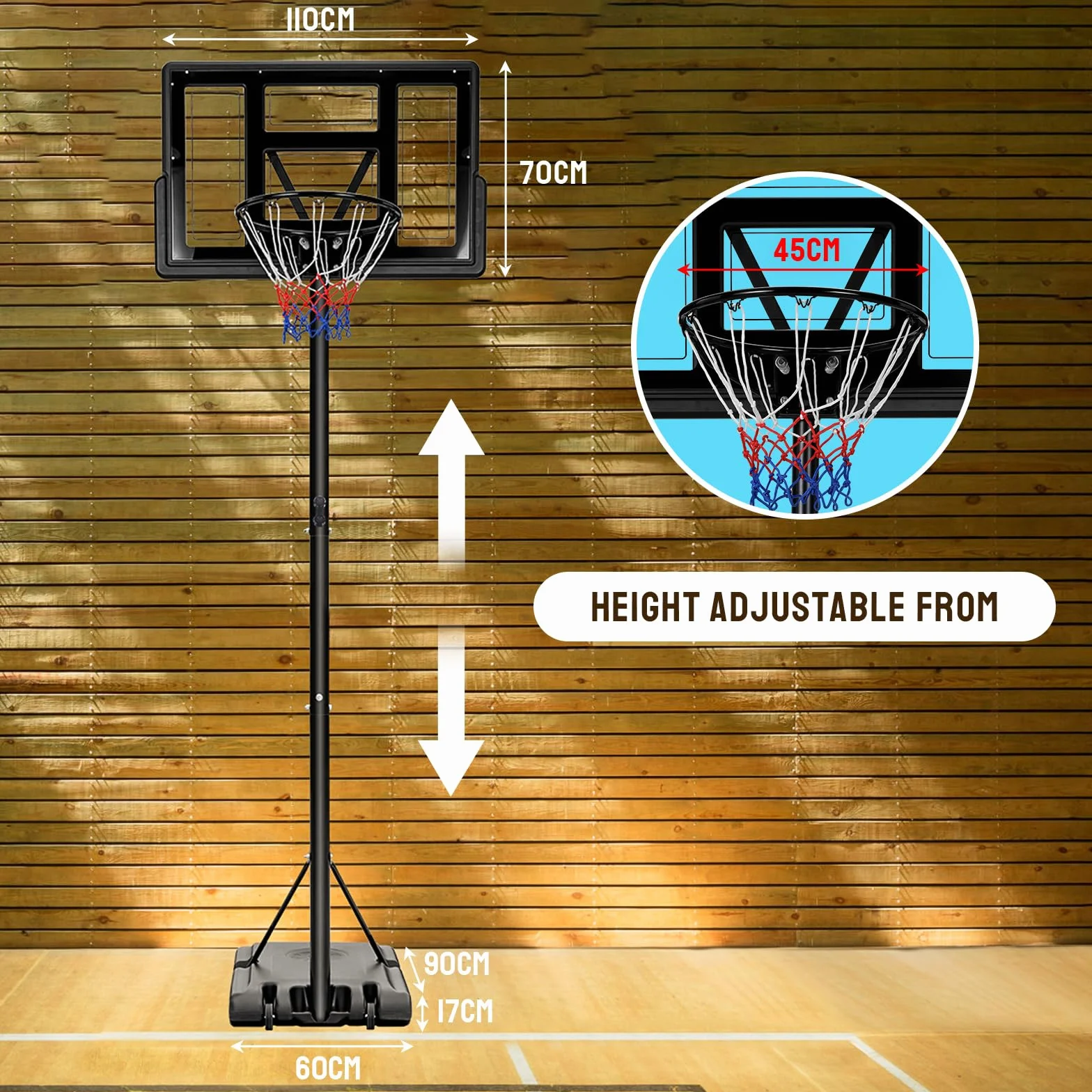 Panier de Basket-Ball Portable Hauteur Réglable 230-304 cm avec Support Extérieur Intérieur