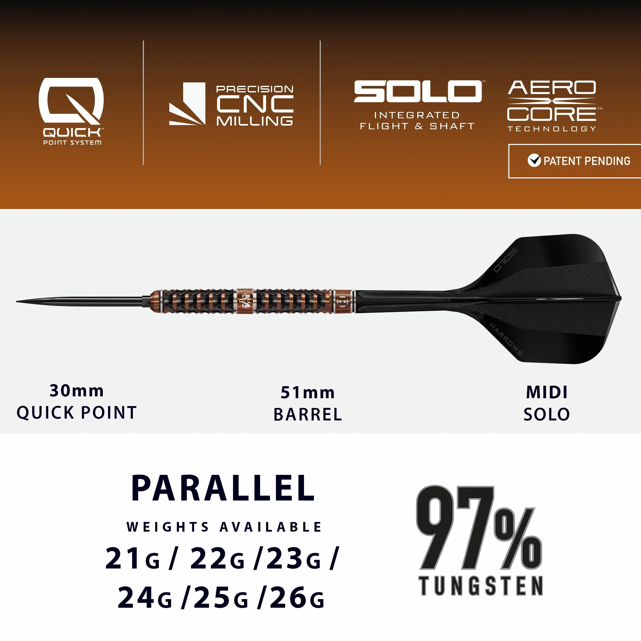 Jeu de fléchettes Harrows Wolfram Trinity 97 % tungstène avec pointe en acier, barils de qualité supérieure fraisés CNC avec revêtement TiN bronze et électrodéposition noire, manche intégré Solo et