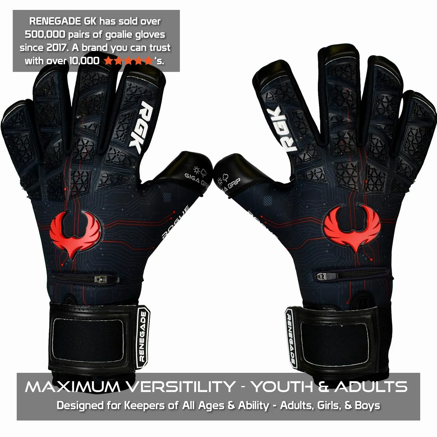 Renegade GK Édition Limitée Rogue Gants De Gardien De But (Tailles 6-11, Level 4+) 4+3MM Giga Grip & Pro-Tek Fingersaves | Excellent Poigne & Protection | Gant Gardien de But Adulte, Homme, Junior