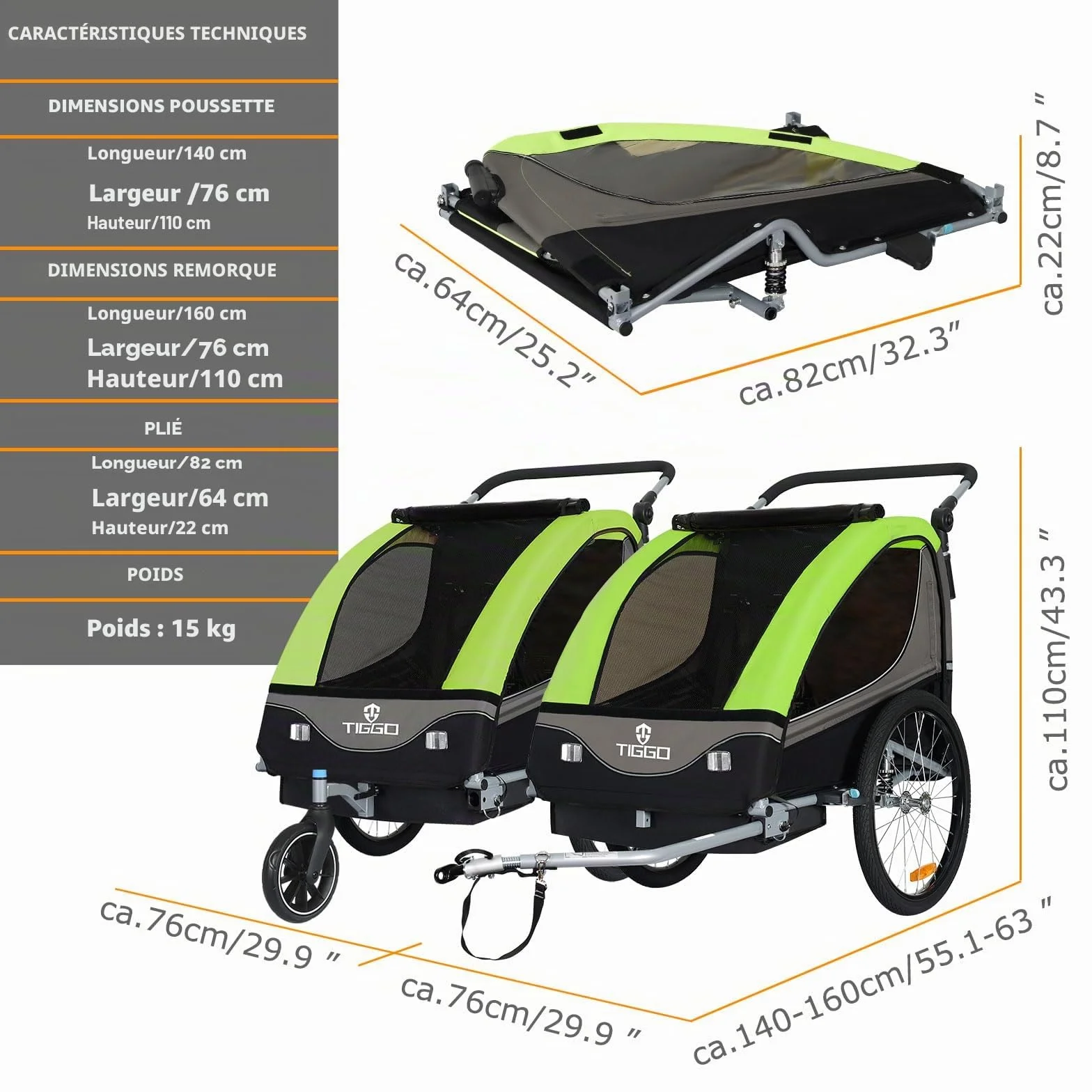Tiggo S2 Remorque pour Enfants 2 en 1 Velo Suspension 5 Points Ceinture de securite 360° Roue Jogger Poussette