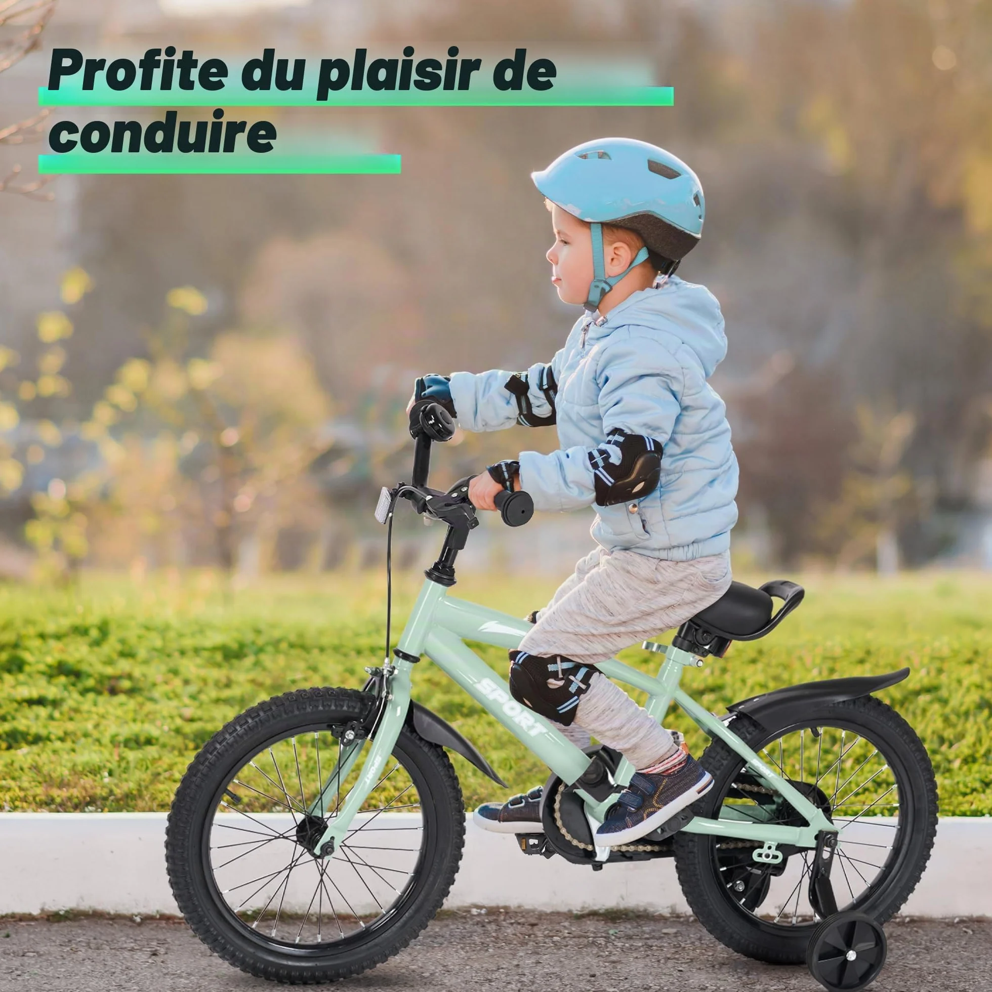 BODIOO Vélo Enfant 12 Pouces Siège Réglable Double Freins Roues Stabilisatrices Réflecteur Garde-Boue 84-97 cm