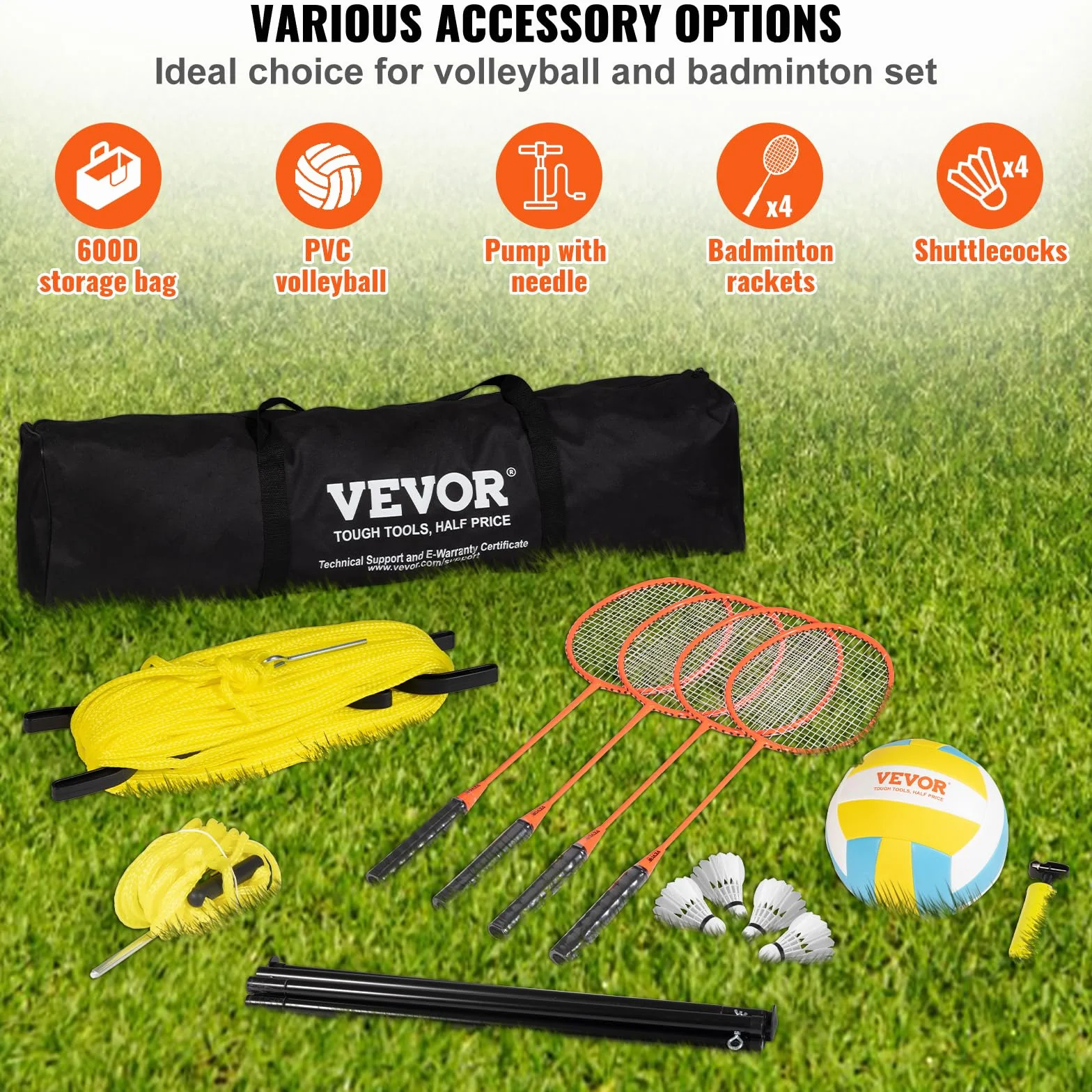 VEVOR Ensemble de Volley-Ball et Badminton, Filet Portable d'Extérieur, Poteaux en Acier Hauteur Réglable, pour Pelouse Plage Jardin