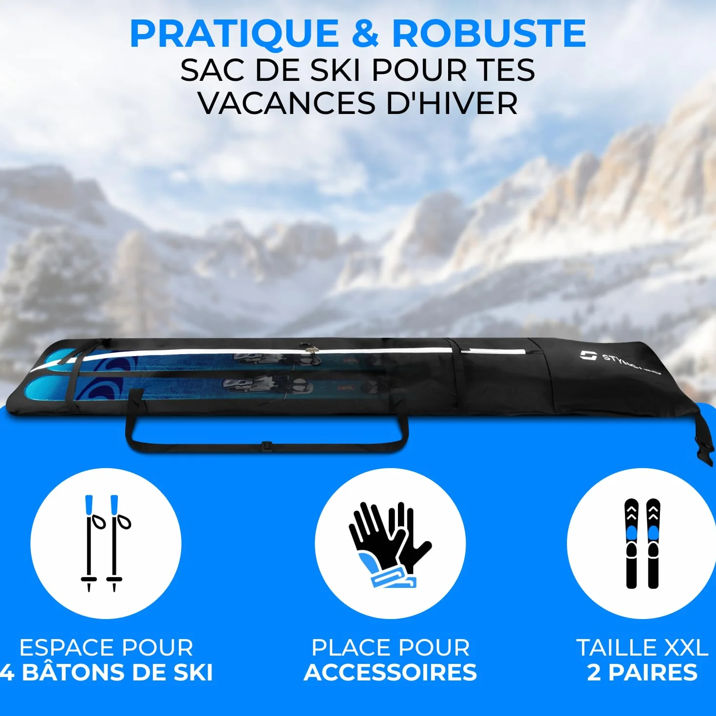STYNGARD Double Sac de Ski pour 2 Paires de Skis 200 cm - Sac à Skis Robuste avec Rembourrage imperméable Modèle Kitzbühel