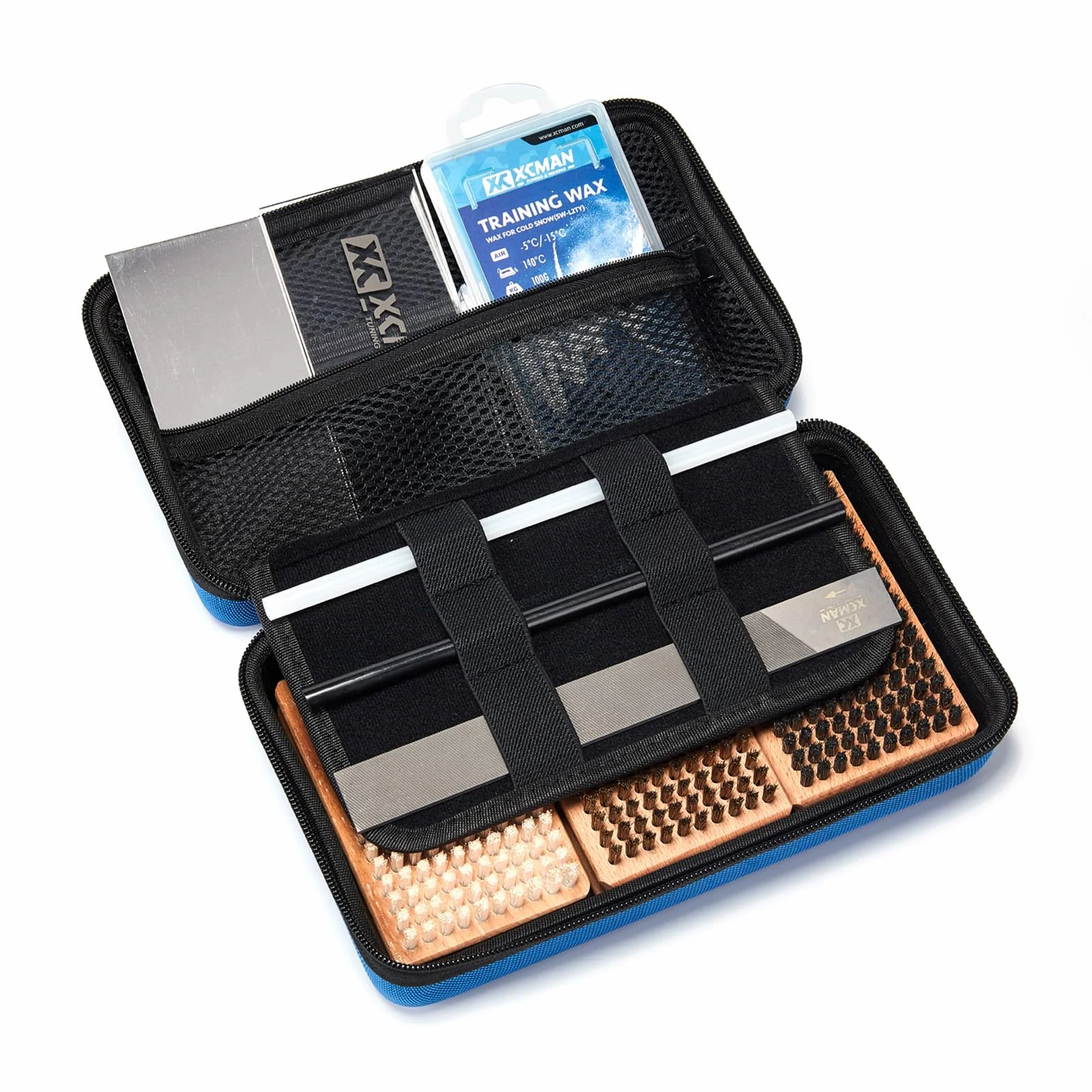 XCMAN Kit de brosses de réglage pour Ski et Snowboard - Nylon, Laiton, Crin de Cheval - Grattoir en métal - Lime Plate en Ptex, Boîte Bleue