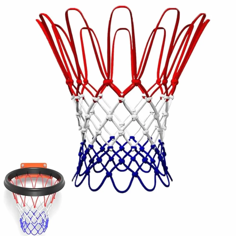 Filet de Basket-Ball Tricolore en Polyester 53 cm pour Panier - Anneaux Métalliques 45 cm - Officiel Compétitions
