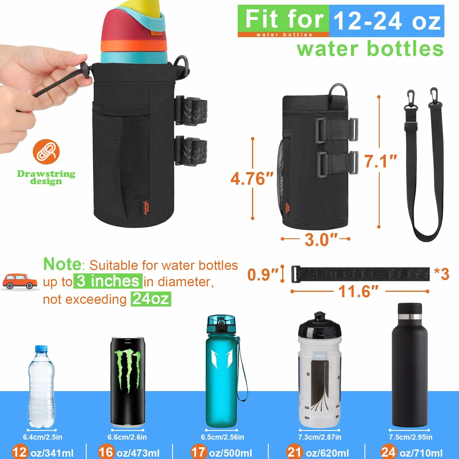 Porte Gourde Velo 12-24oz Sans Vis avec Poche en Maille et Bandoulière pour Bouteille de Vélo