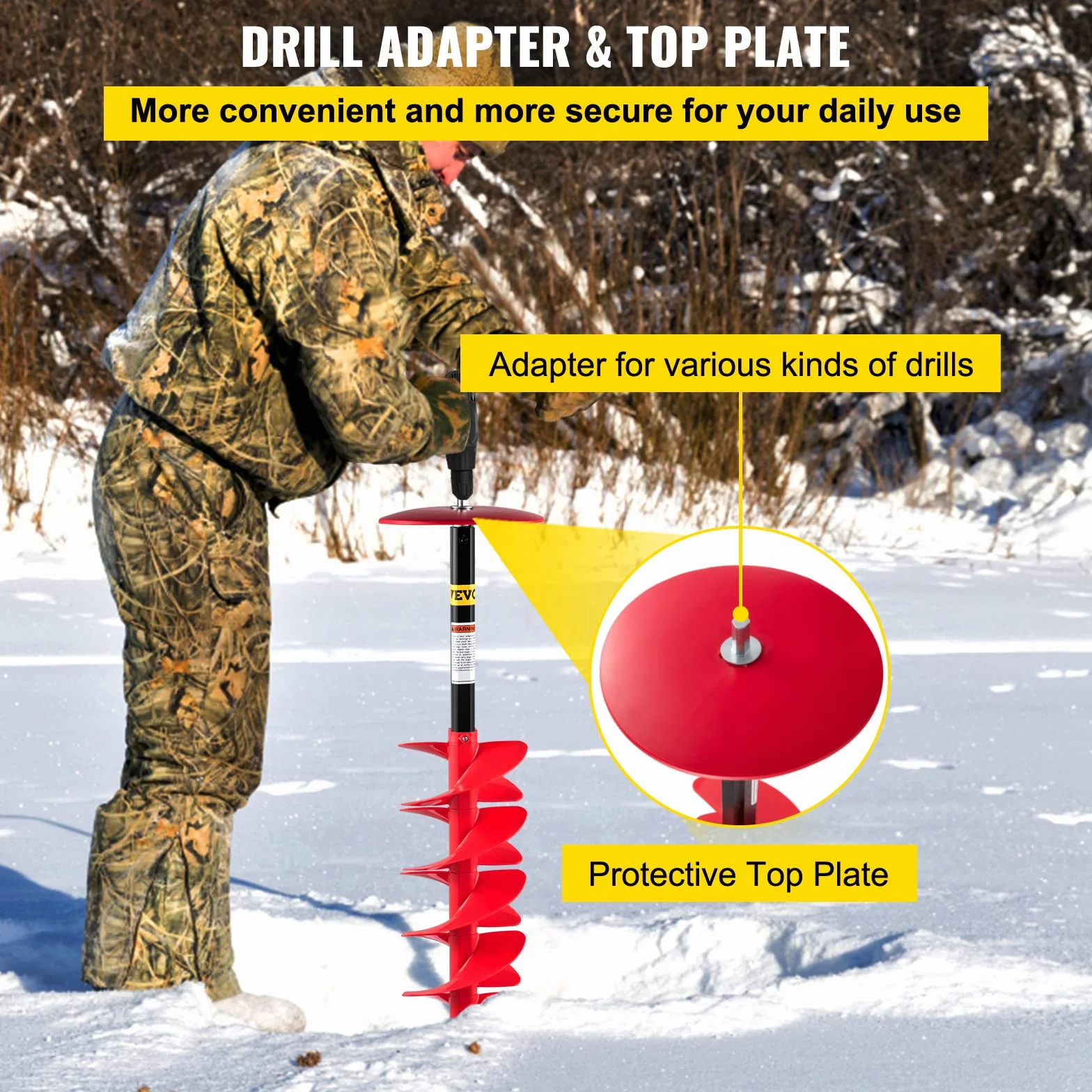 VEVOR Tarière à glace en nylon 20 cm 104 cm mèche tarière perceuse poignée caoutchouc