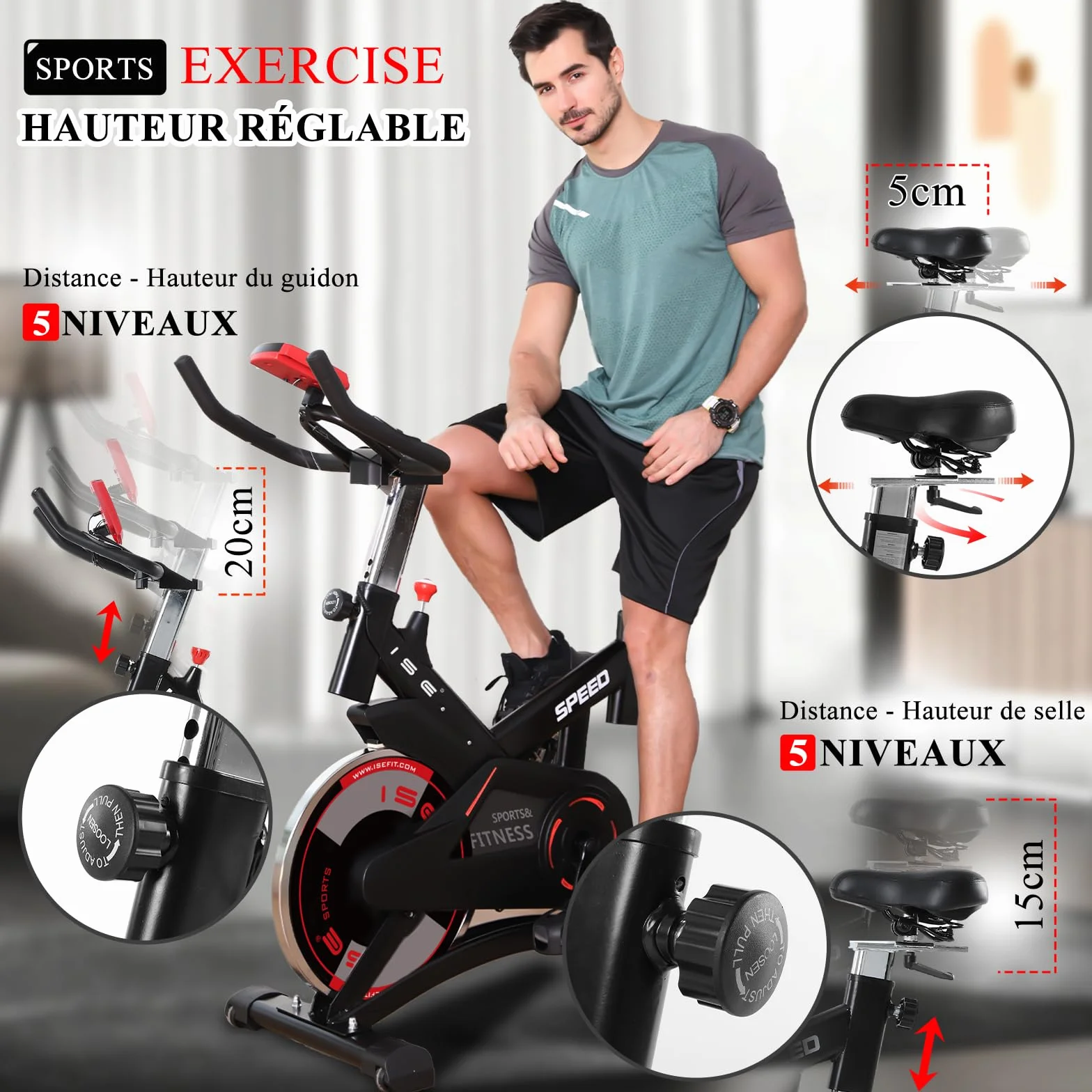 ISE Velo d'Appartement Exercise Bike Cardio-Training Ecran Impulsion Hauteur Réglable