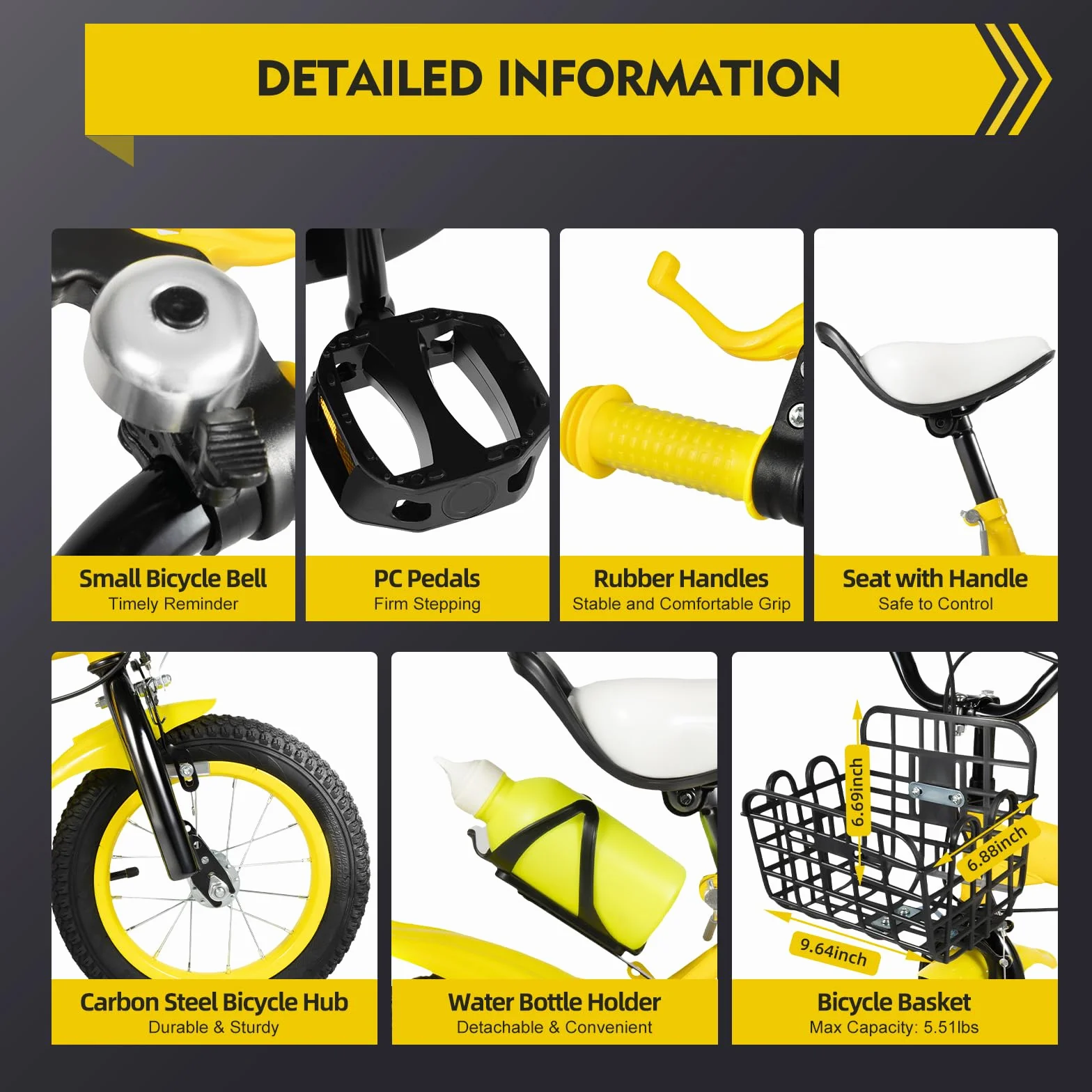 Vélo Enfant 12 Pouces Roulette Panier Siège Réglable Hauteur 50 Kg Cadre Robuste Garçons Filles 2-4 Ans