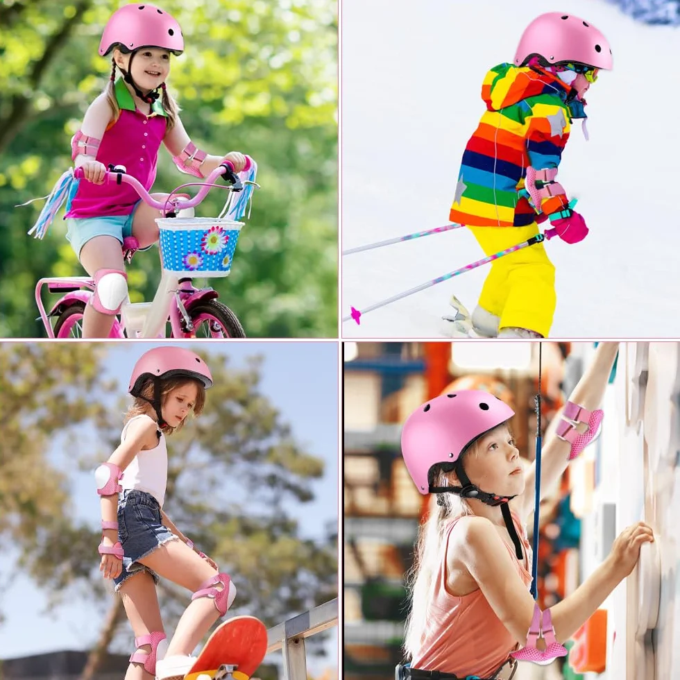 Mizikuu Protection Roller Enfant 7 en 1 Casque Vélo Kit Coudières Genouillère Protège Poignets pour 3-7 Ans Skateboard BMX Patin à Glace Rose