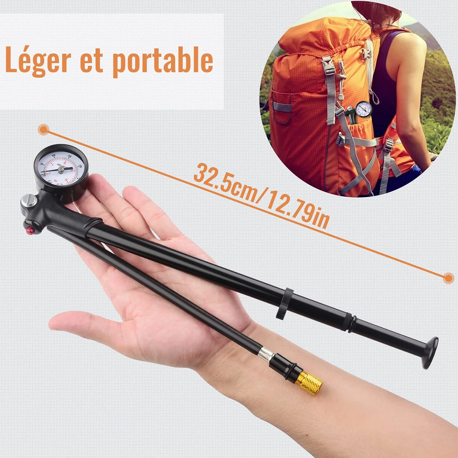 Diyife Pompe Amortisseur Haute Pression 300 PSI Mini Portative Shock Pump pour Fourche Avant Suspension Arrière Vélos VTT
