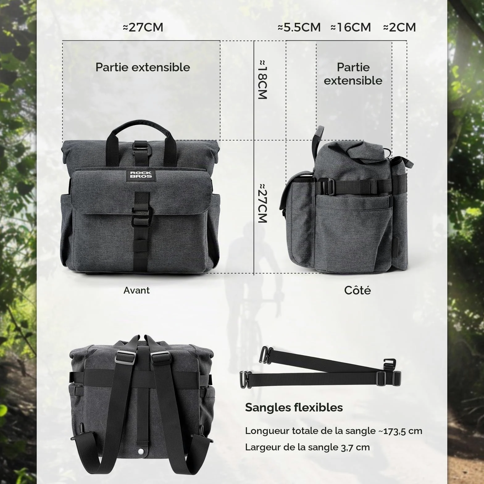 ROCKBROS Sacoche Avant pour Vélo Brompton Sacoche de Guidon pour Vélo Pliant Multifonctionnel Grande Capacité 11.5-16.8L Extérieur Ajustable Noir