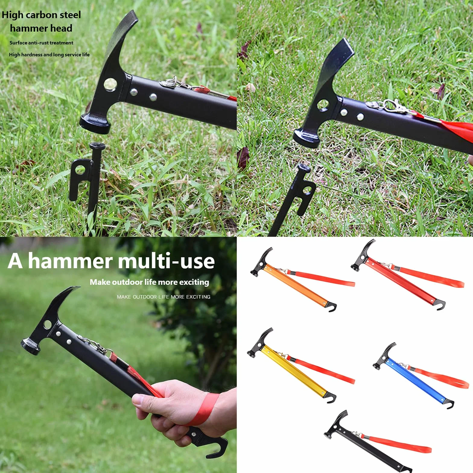 Marteau de camping multifonctionnel avec extracteur de piquets de tente pour extérieur randonnée