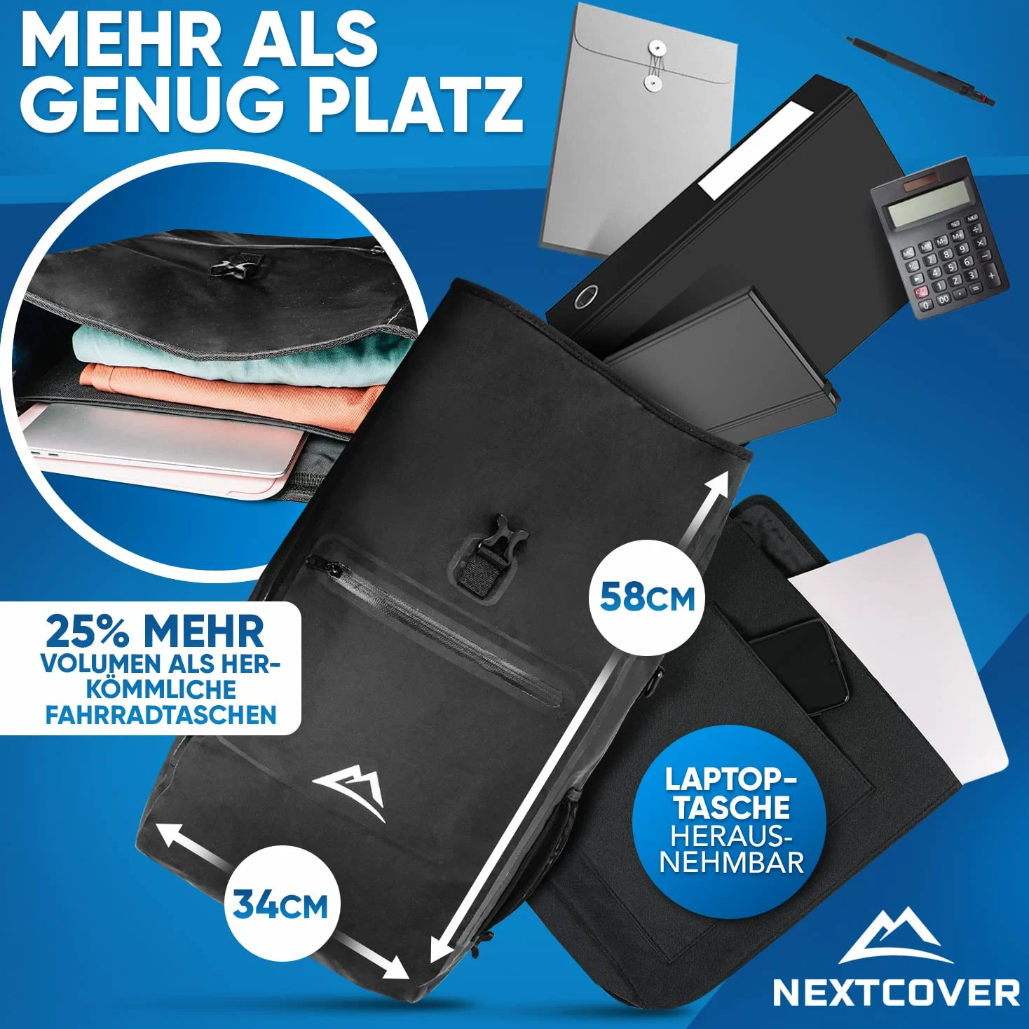 Nextcover® Aquashield Sacoche de vélo 3 en 1 pour porte-bagages - Sac à dos et sac à bandoulière - 25 l - Étanche