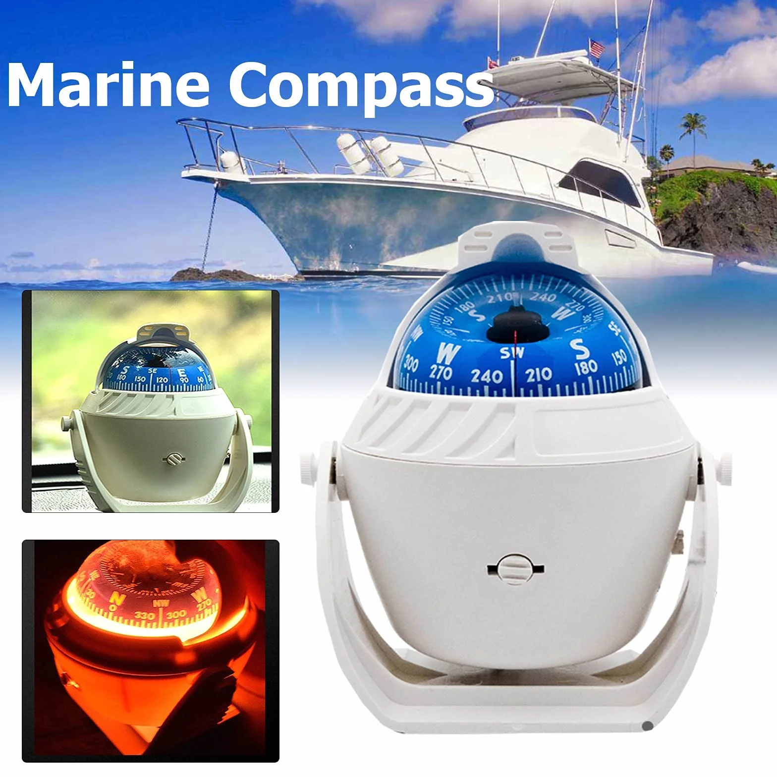 Boussole Marine Étanche avec Mont Boule pour Bateau Caravane Blanc Tableau Bord pivotante éclairée