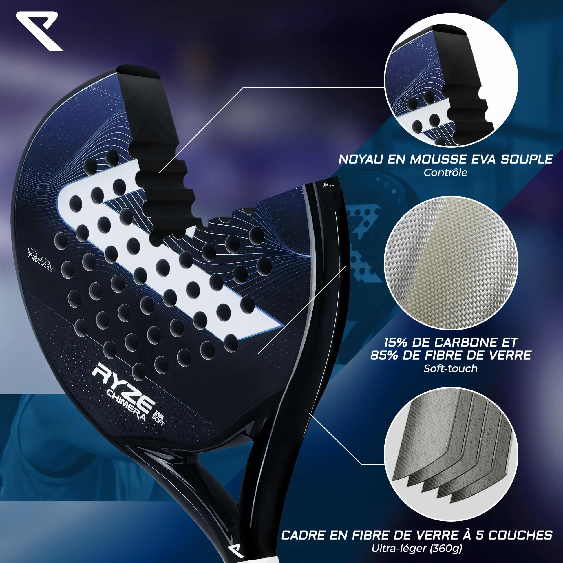 RYZE Chimera Raquette de Padel - Carbone & Fibre de Verre - Contrôle + Précision Maximum - Padel Raquette avec EVA-15 Flex - Structure Légère 360g - Paddle Raquette pour Homme et Femme - Étui Inclus