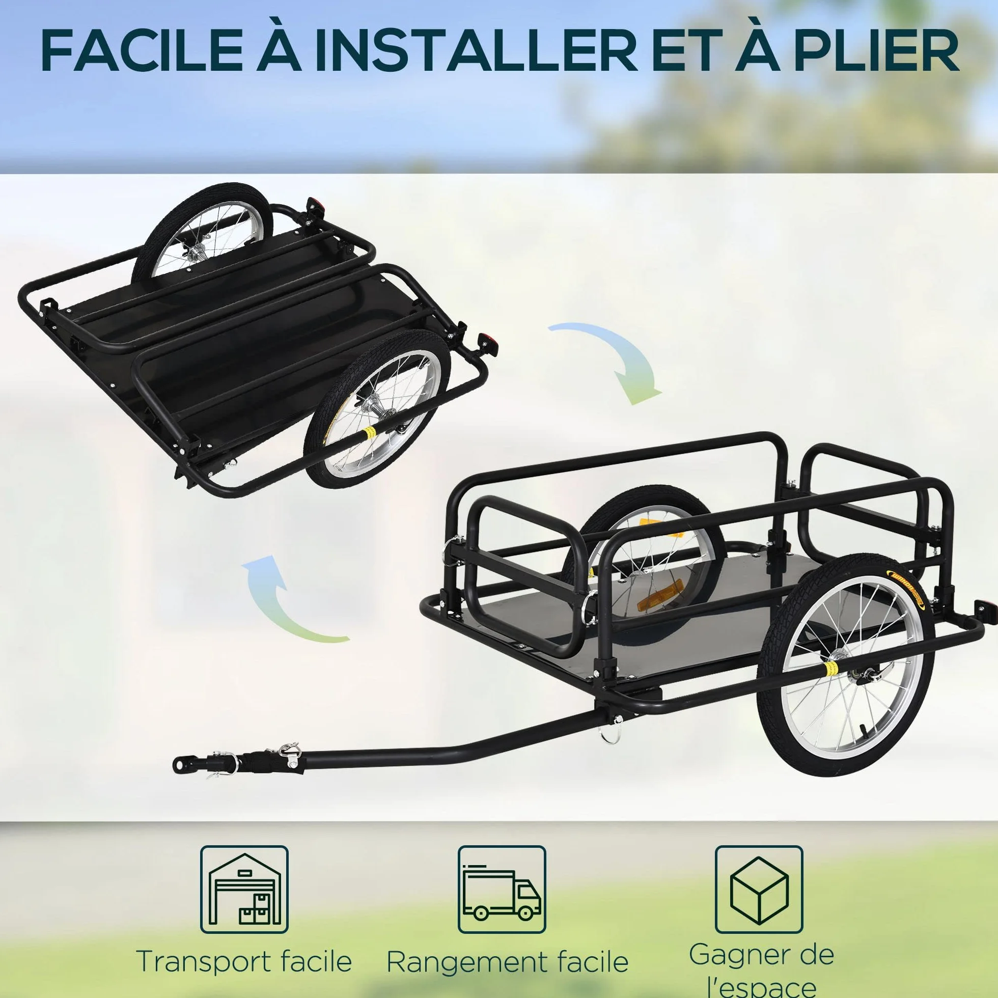 HOMCOM Remorque vélo transport 70L 139x71,5x49 cm Barre attelage Universelle Acier Noir