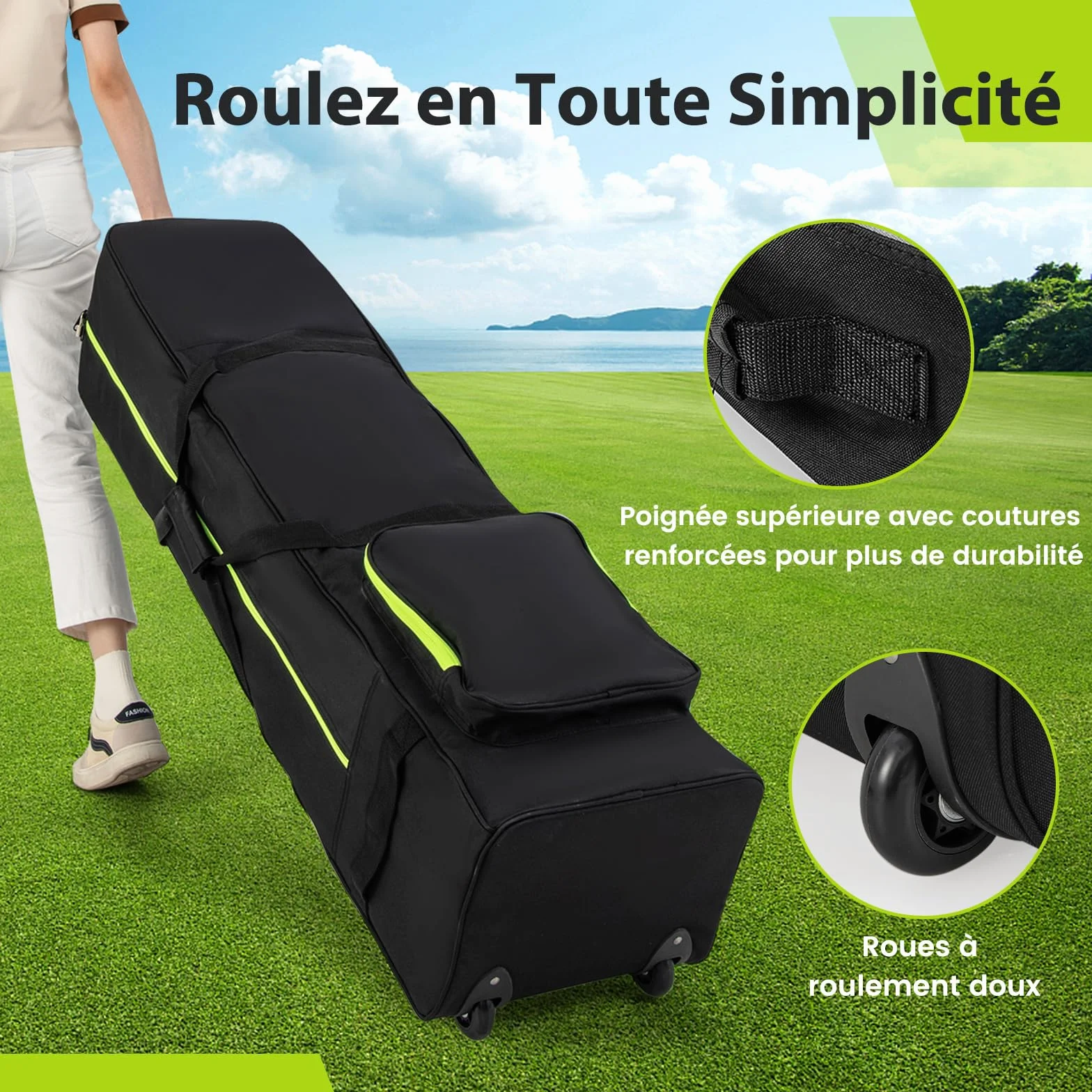 GOPLUS Sac de Golf à roulettes, Poche Latérale, Tissu Oxford Imperméable, Pliable pour Voyage