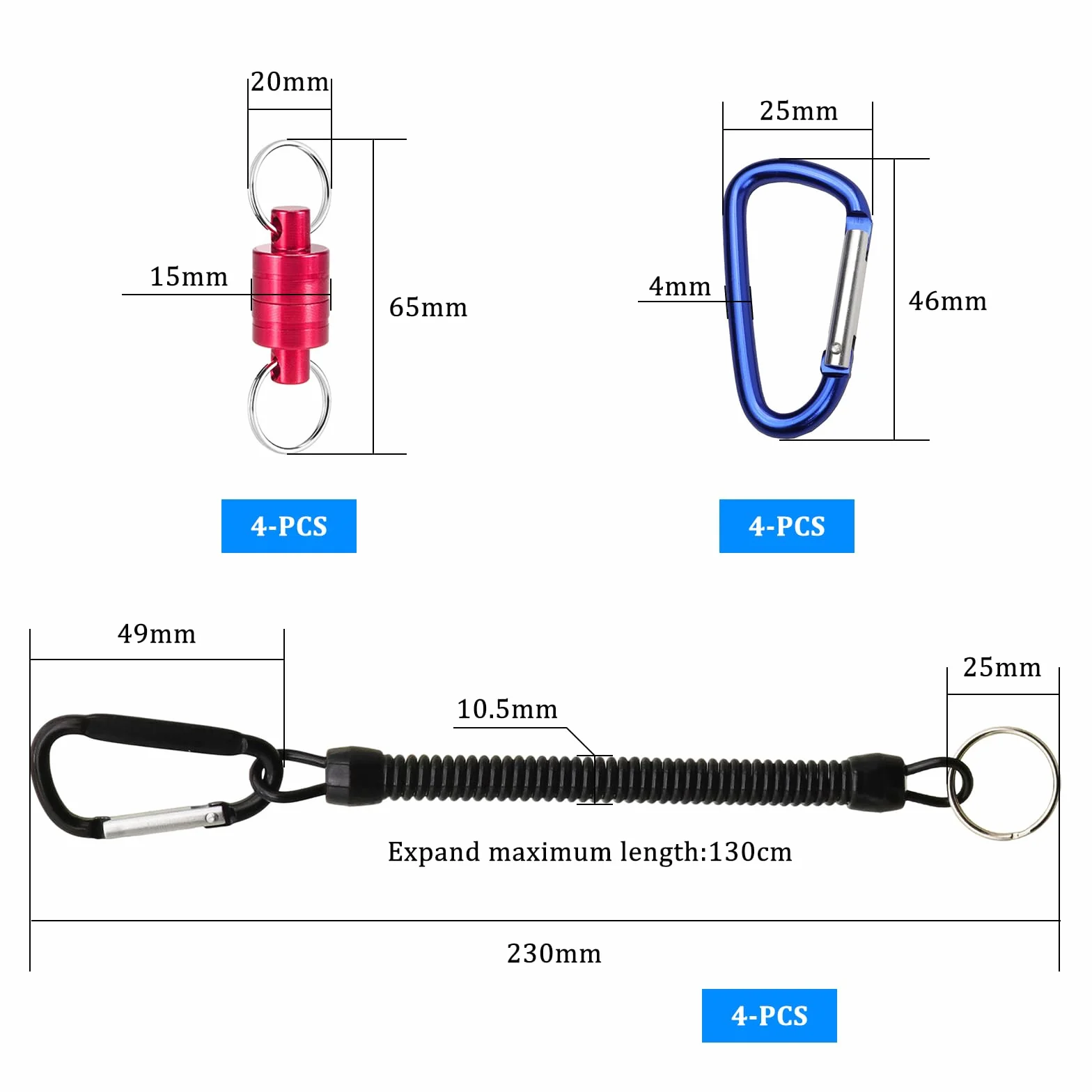 4 Pièces Libération de Filet Magnétique,Clip magnetique de pêche,Magnétique D'épuisette Boucle avec Mousqueton et Cordon enroulé pour Pêche Surf Randonnée L'alpinisme