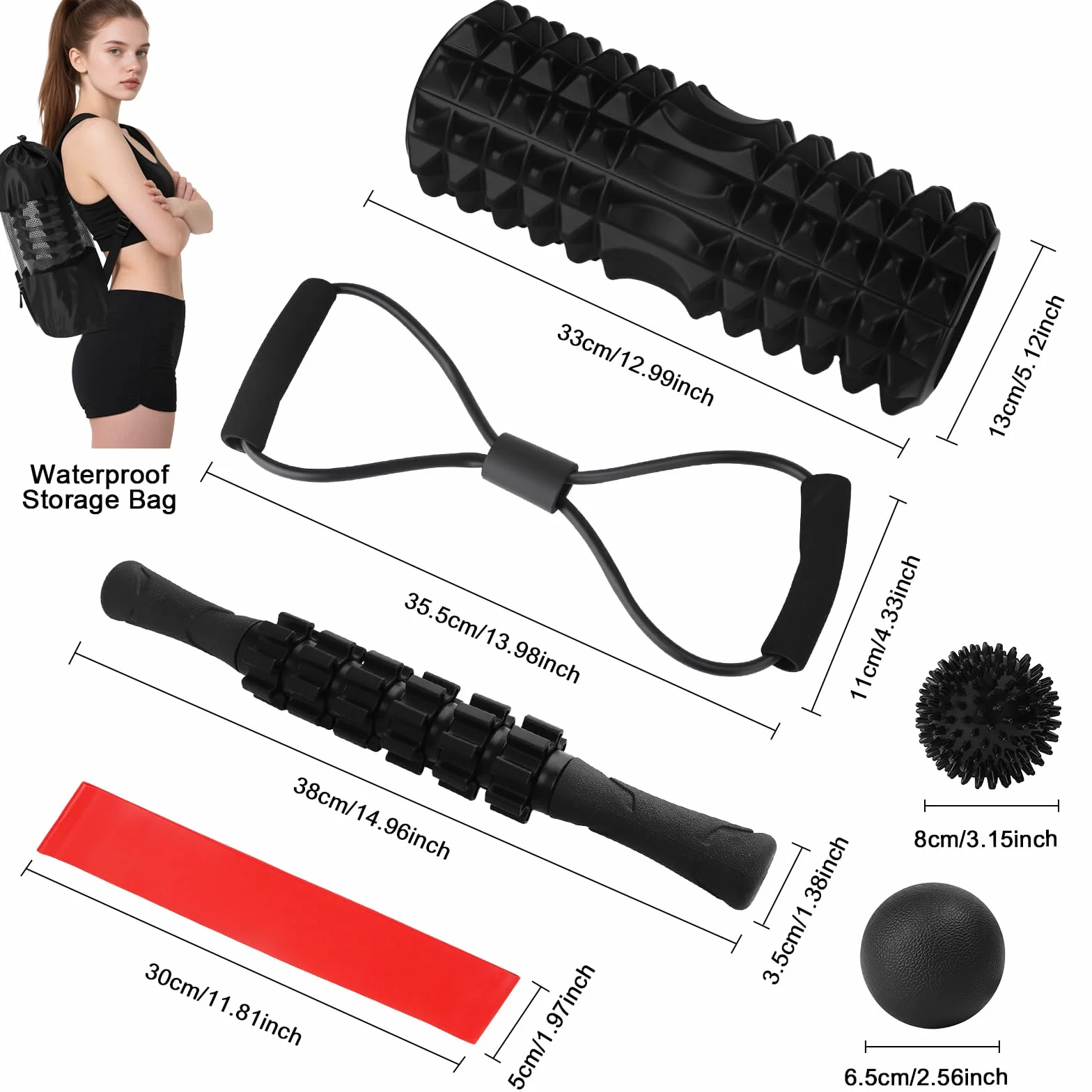 Rouleau de Massage 7 en 1 Foam Roller Kit avec Bâton, Boule de Fascia, Tendeur et Bandes de Résistance