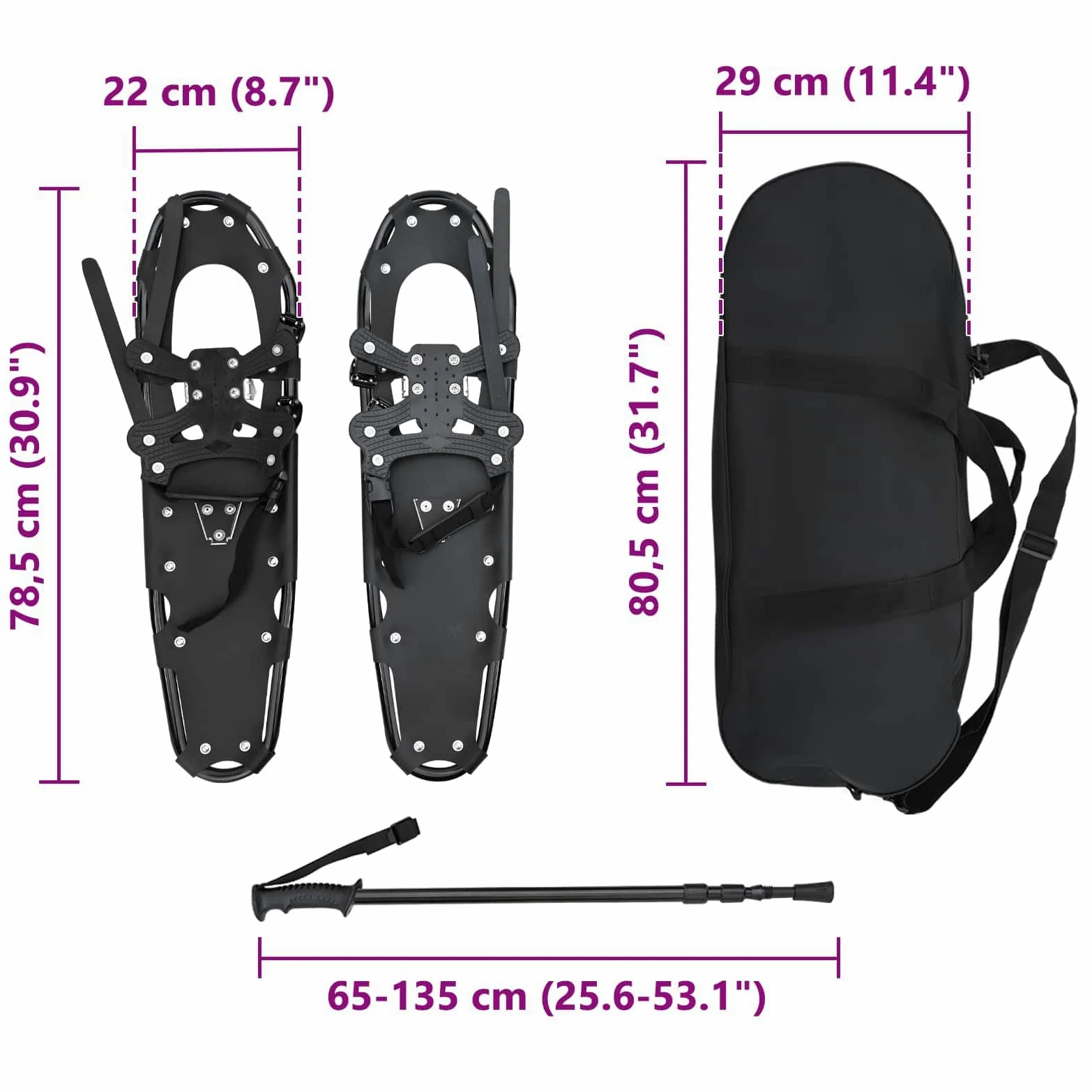 Raquettes en Bleu et Noir 53,5 x Aluminium HDPE, Set Complet avec bâtons Ajustables, Sac de Transport, Fixations sécurité, adaptées pour randonnée, Montagne, Hiver