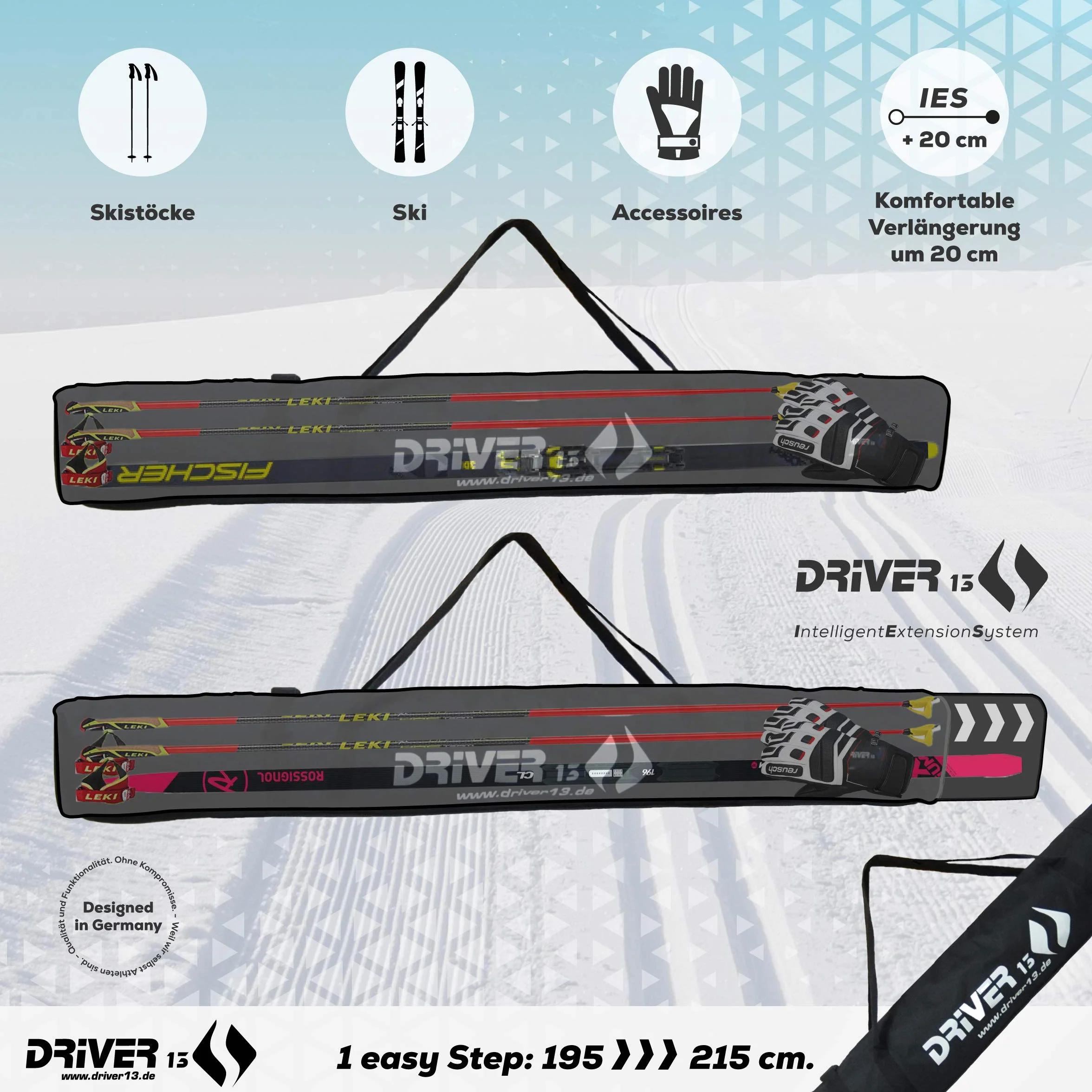 Housse à Skis Langlauf 195-215 cm réglable pour Skis et Bâtons, Transport, Noir