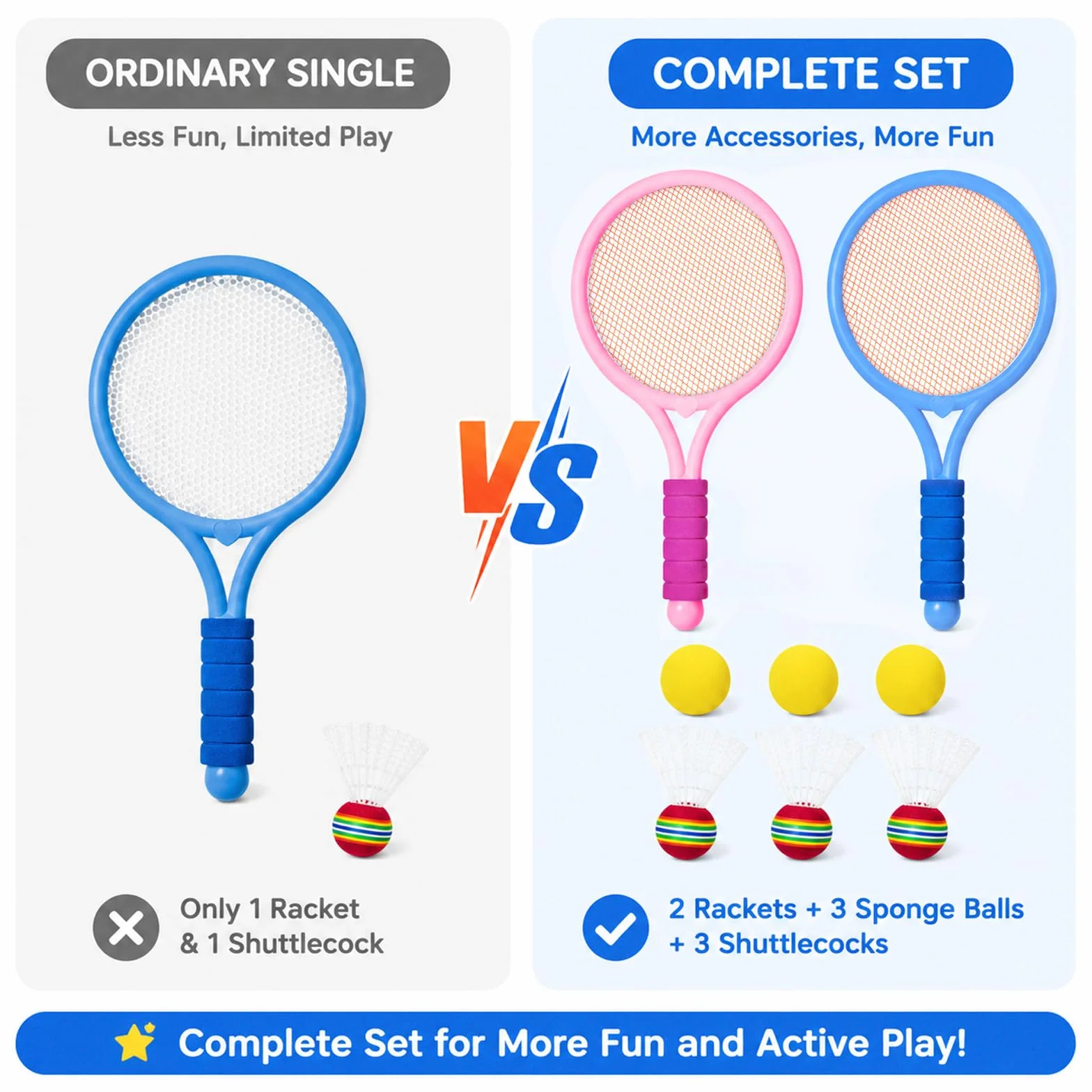 Federball Set Kinder mit 3 Badmintonbälle und 3 Tennisbälle, Tennisschläger Badminton Raquette Spielzeug