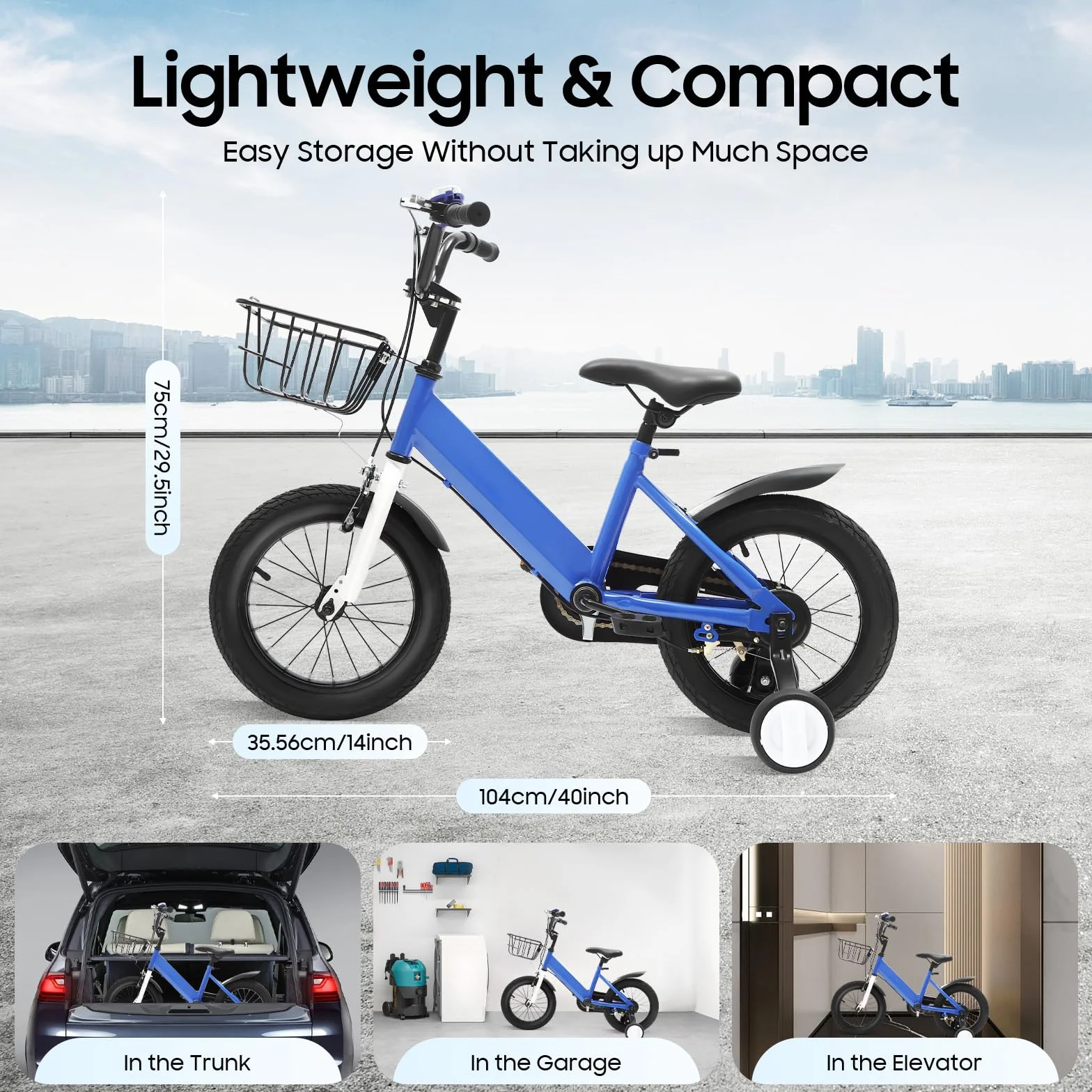 Vélo enfant 14 pouces avec roues stabilisatrices et panier, hauteur réglable, bleu