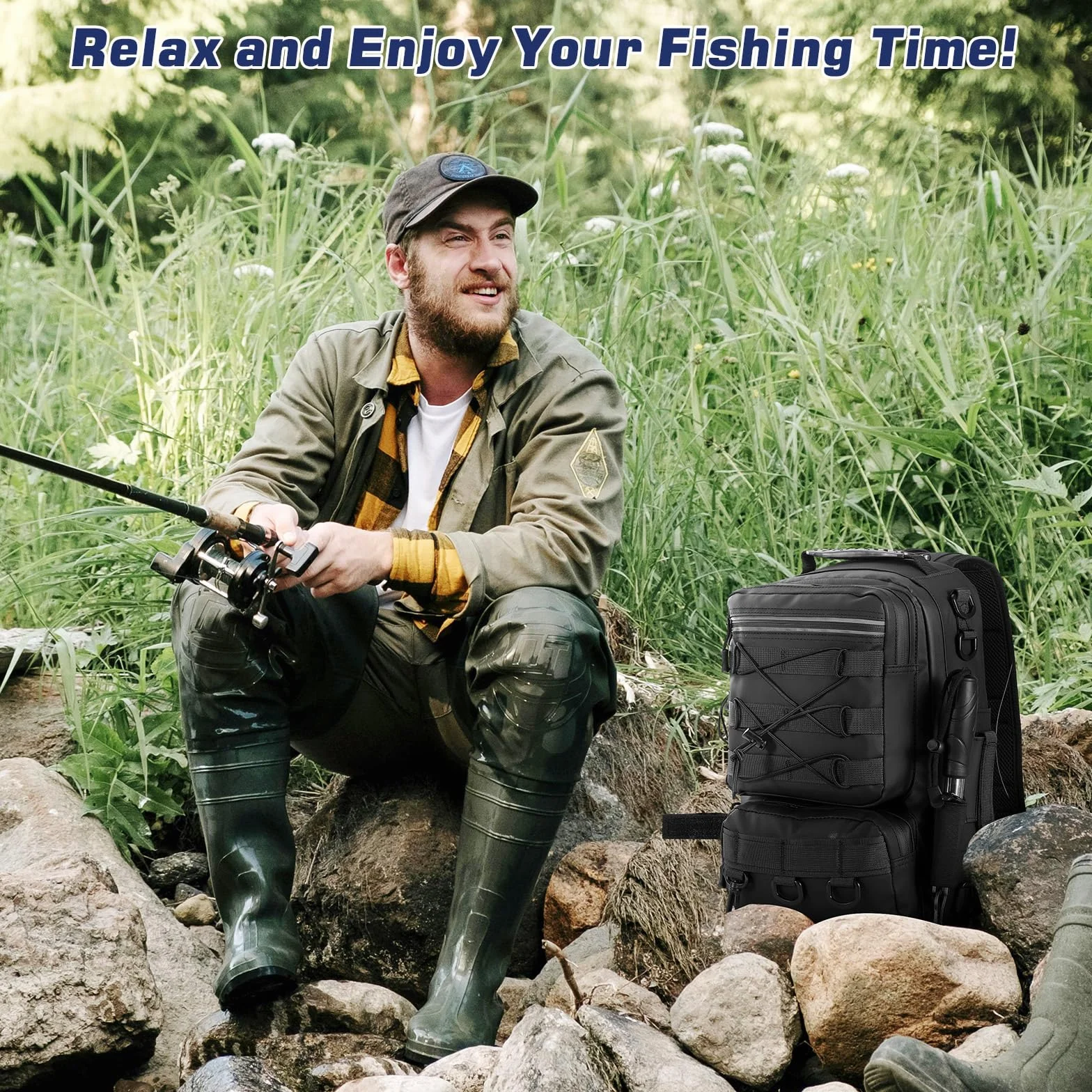 MoKo Sac à dos de pêche imperméable avec support canne, rangement accessoires nylon, camping, chasse, Noir